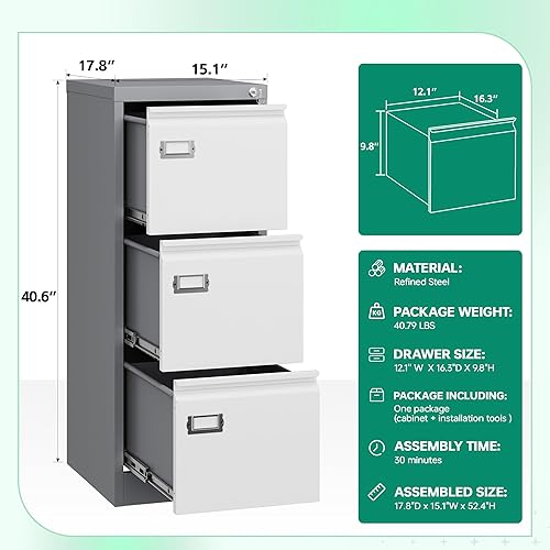 Miniatura 3 de Letaya Archivador de 3 cajones con cerradura, archivadores verticales de metal para oficina en casa, almacenamiento A4F4cartalegal, requiere montaje