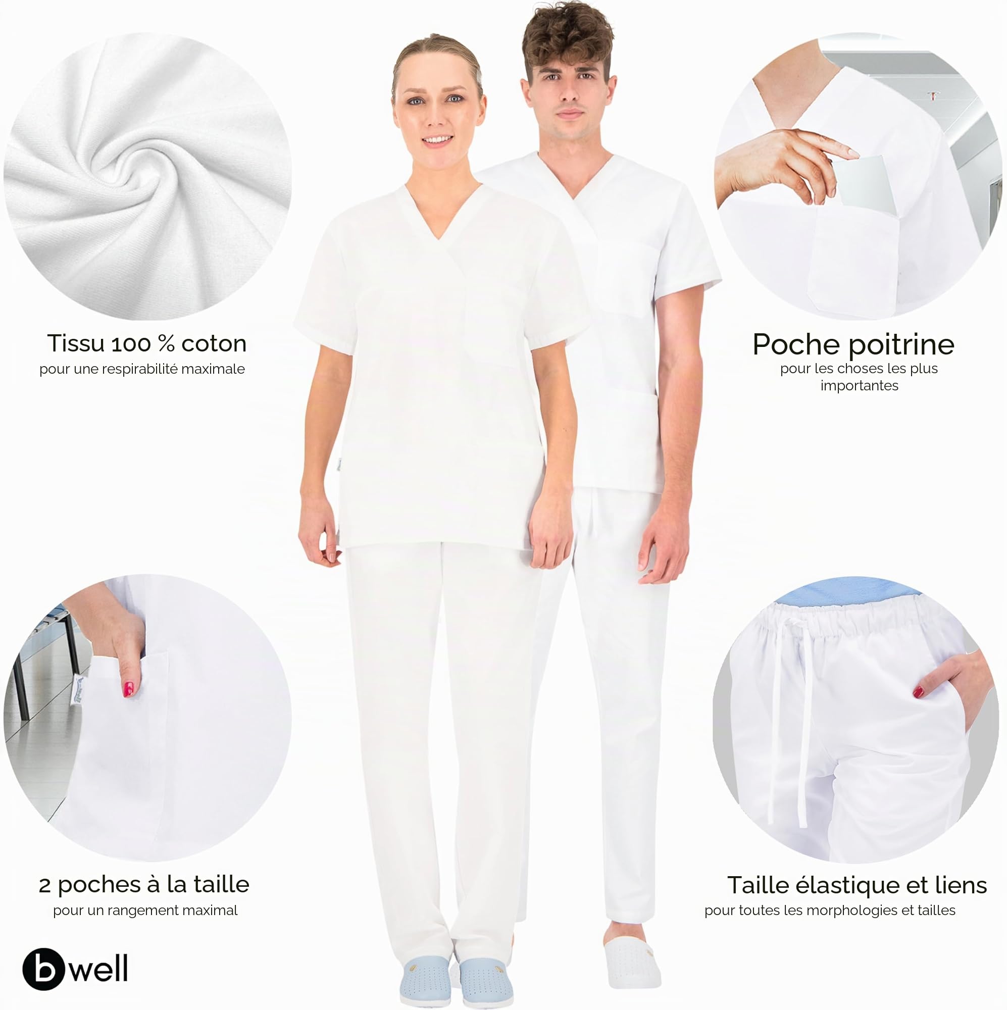 B-well Morelli 100% Coton Uniforme Médicale Unisexes Ensemble: Haut et Pantalons + Blouse Medicale Femme/Homme - Tenue Aide Soignante Professionnelle