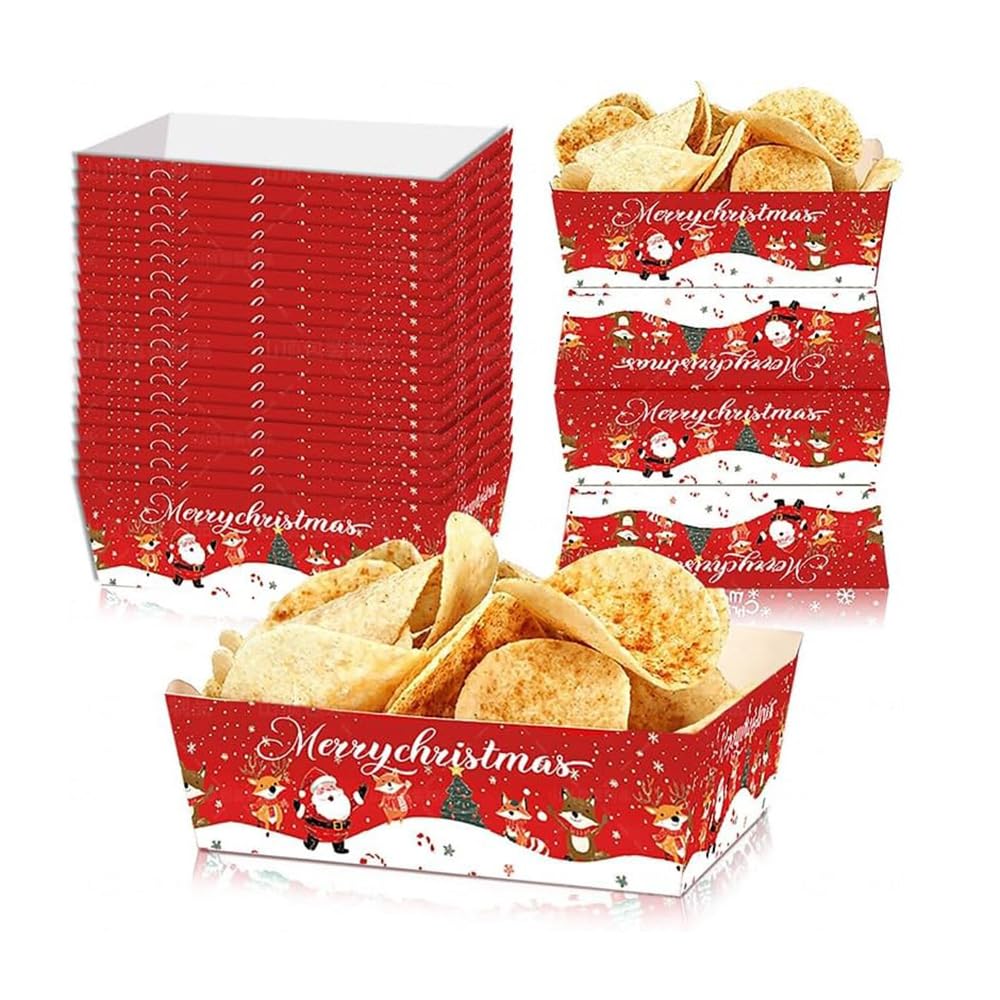 Lot de 40 plateaux à goûter jetables de Noël Rouge/vert pour frites, bonbons et service festif