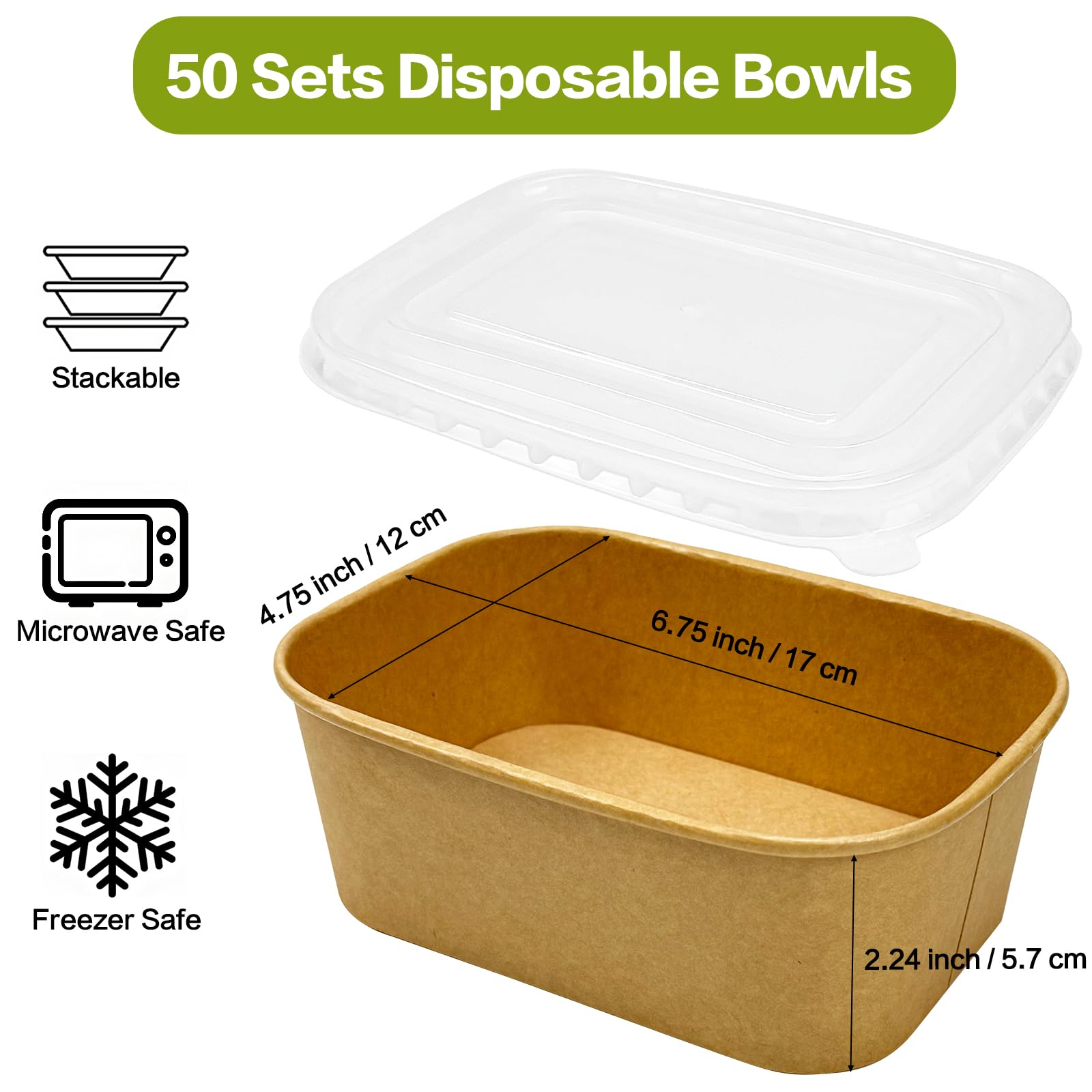 Paquete de 50 recipientes de papel para preparación de comidas con tapas, desechables y compostables de 20 onzas, recipientes rectangulares para llevar, cuencos de papel kraft para sobras