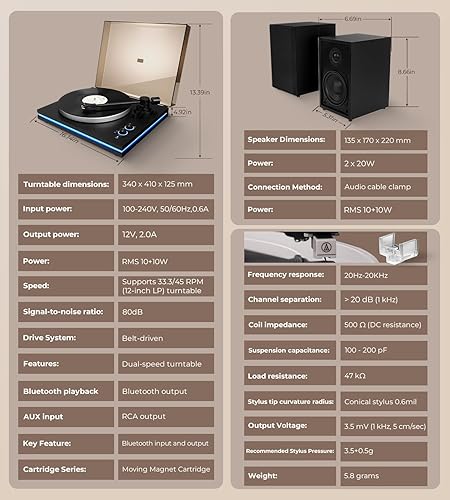 Miniatura 9 de Vangoa Tocadiscos, tocadiscos de diseño dividido con altavoces con luz, 20 W, dos altavoces externos, tocadiscos de alta fidelidad para reproductor