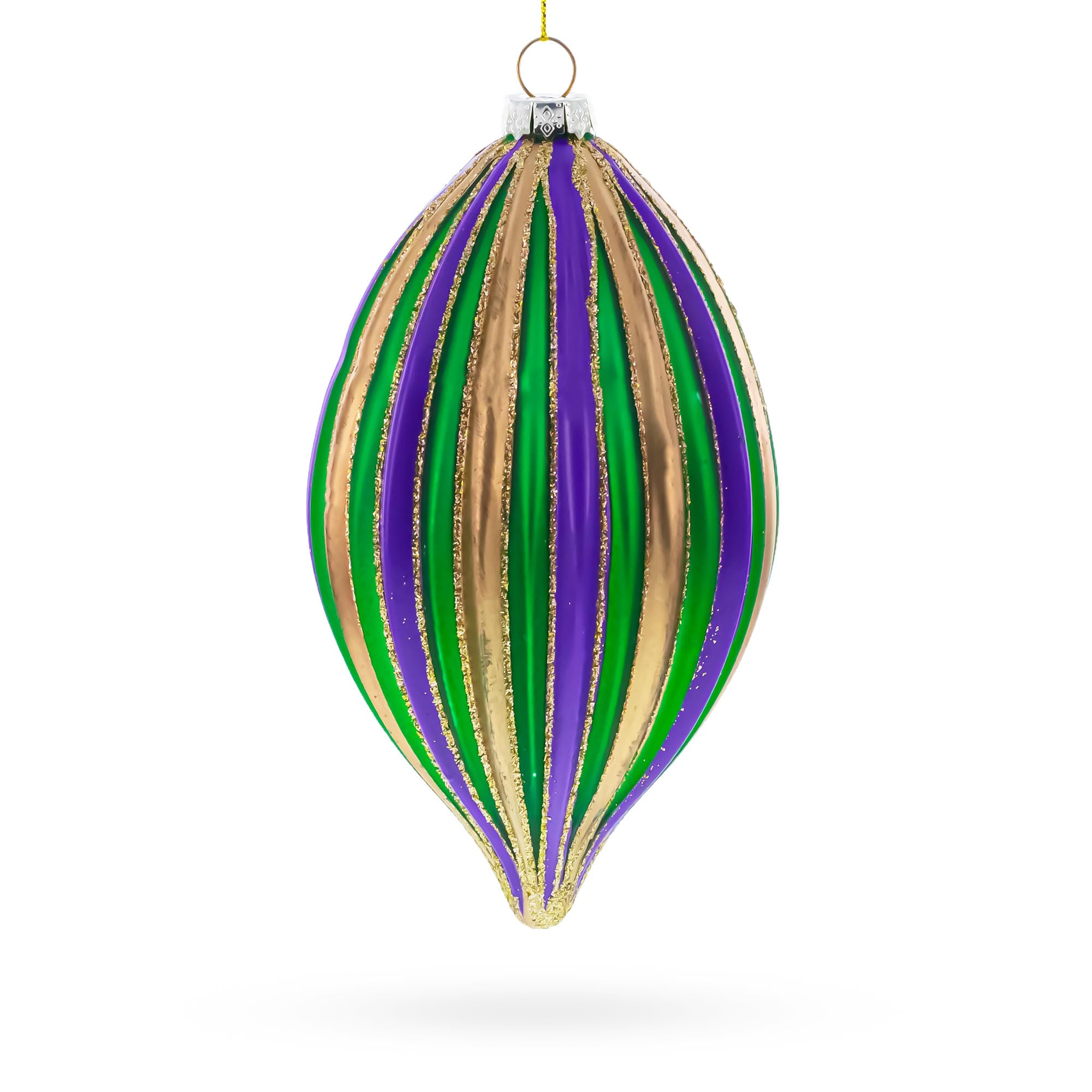 Ornement de Noël en verre rayé violet vert doré fait main en forme de goutte soufflée
