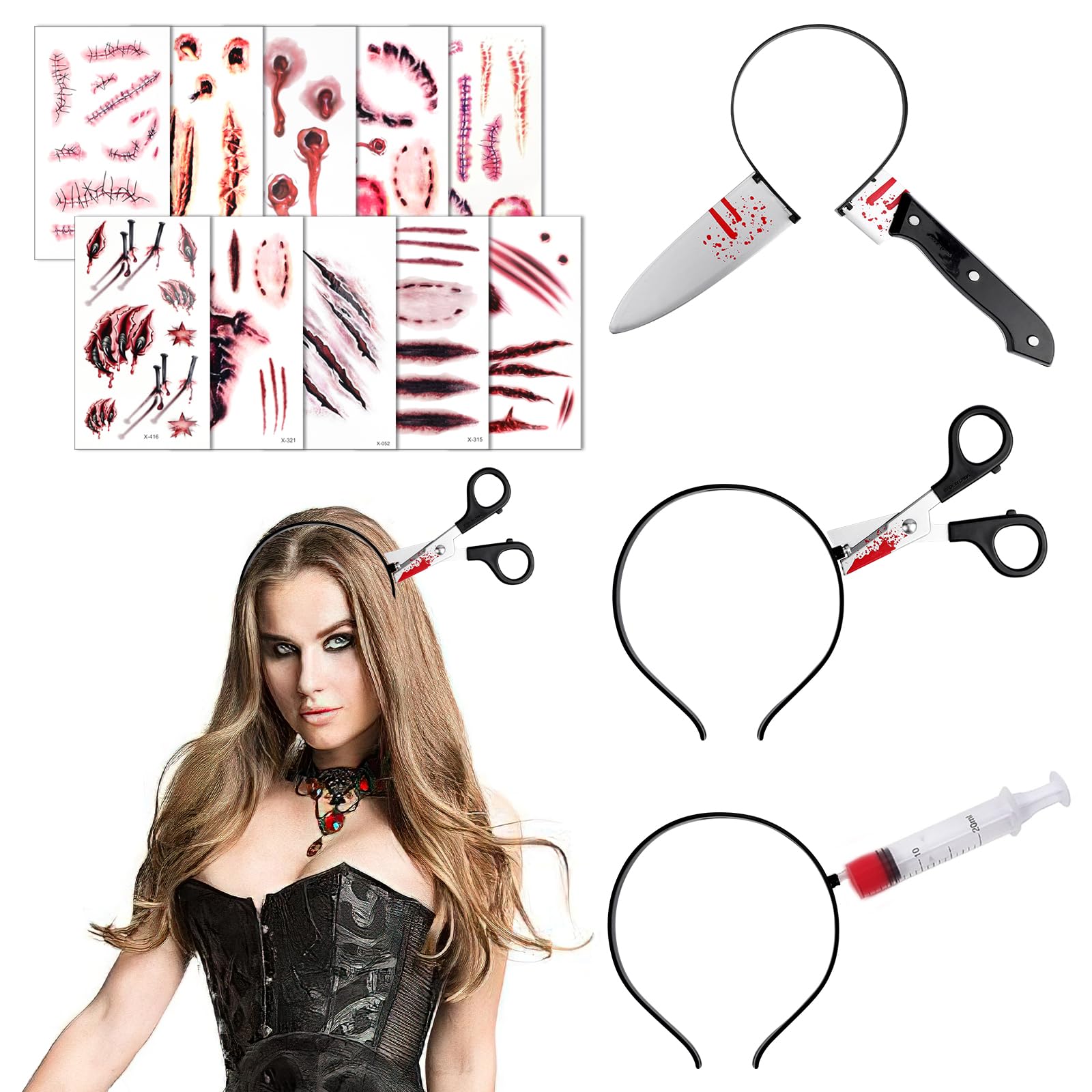 HOWAF Halloween Headbands & Tattoos Set, Halloween Hairband Bloody Knife Headband Scissors Syringe headbands Head Boppers & Fake Scar Tattoos Stickers for halloween Costume Accessories Horror Gifts