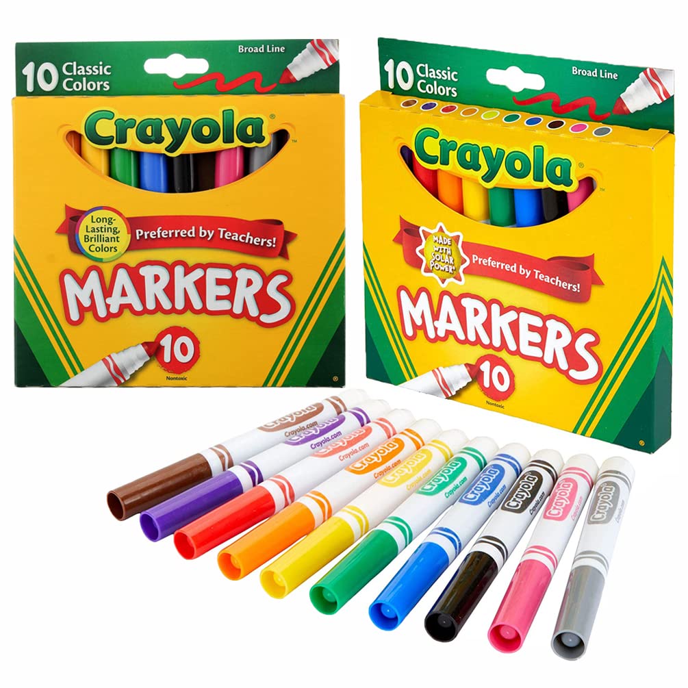 20 x Crayola Broad Line Marker Pens - Recommended by Teachers for Children, Kids, Art, Classroom & School - Pack of Assorted Colors, 10 Classic Colours