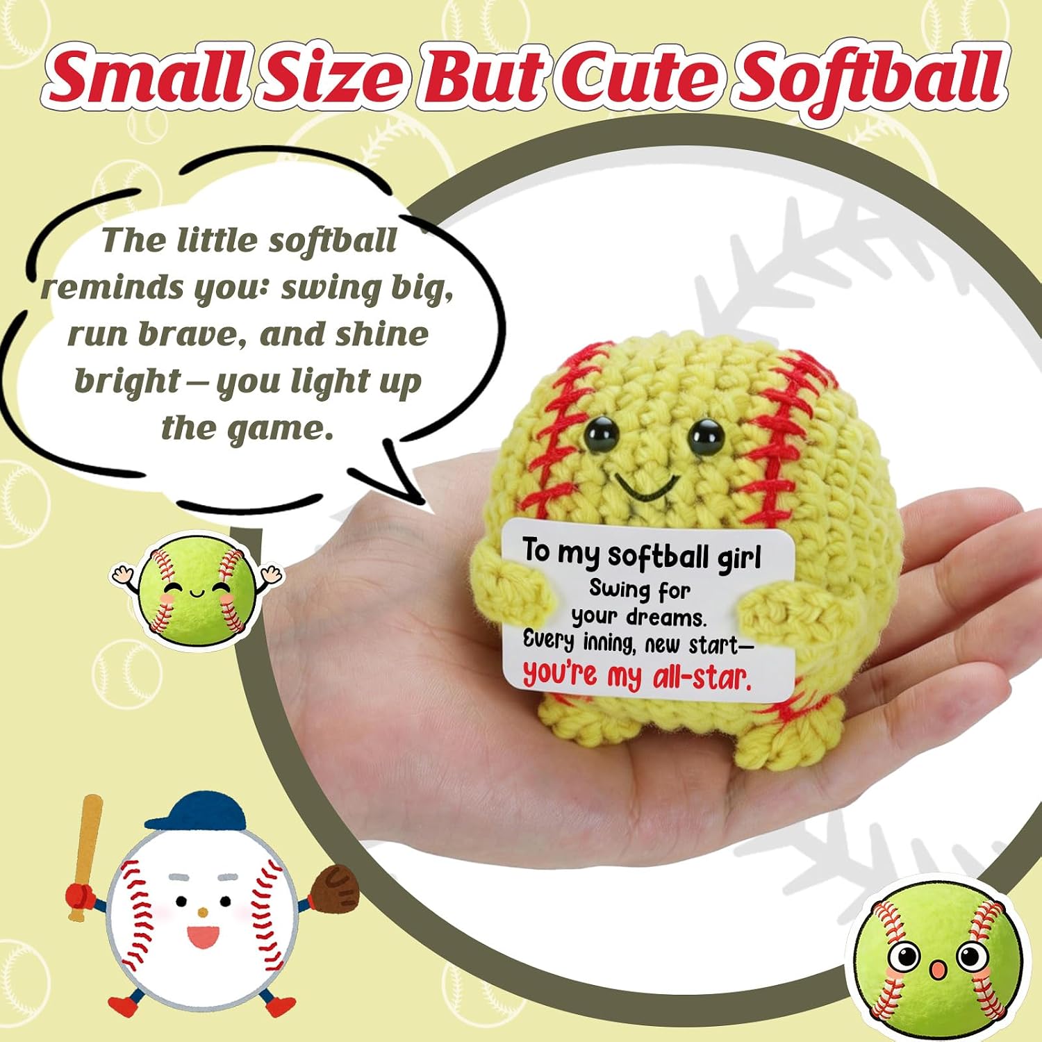 Softball Gifts for Girls, Handmade Crochet Softball Plush with All Star Message Card, Cute Season Gift for Teen Player Daughter Teammate, Desk Locker Decor image 2