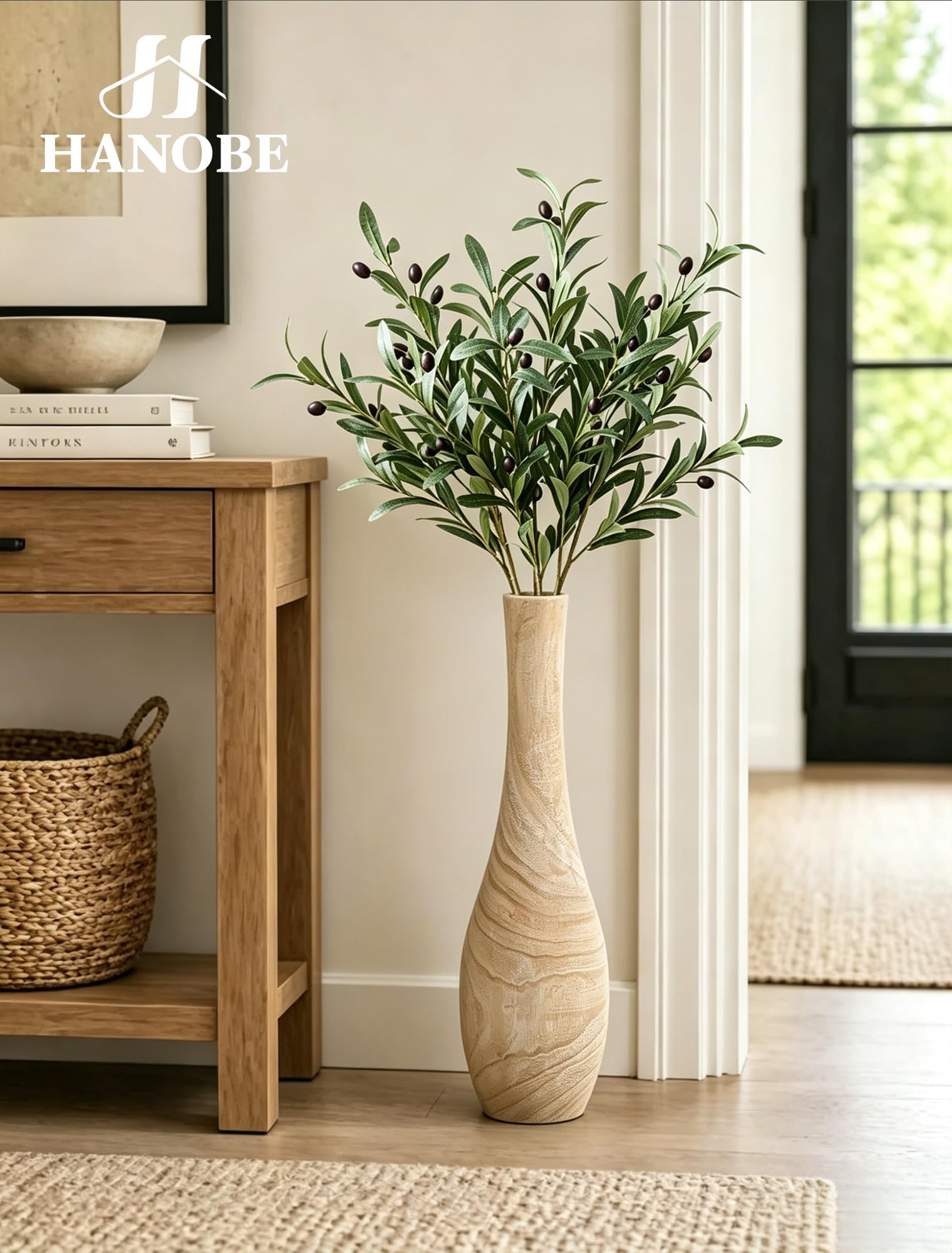 Hanobe Vase Deko Groß Bodenvase: Holz Hoch Boden Vasen Skandinavische Deko XXL Flur Wohnzimmer - 56cm Landhausstil Natur Blumenvase mit Loch für Pampasgras