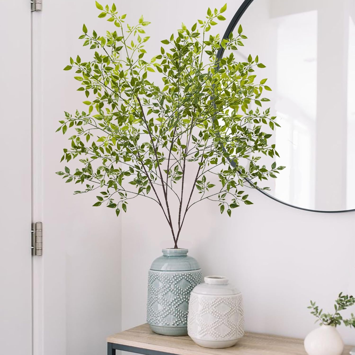 4Pcs Artificial Greenery Stems, 43.3" Fake Nandina Stems Plants Faux Leaf Twig Branches for Indoor Desk Office Shop Home Table Vase Spring Decor