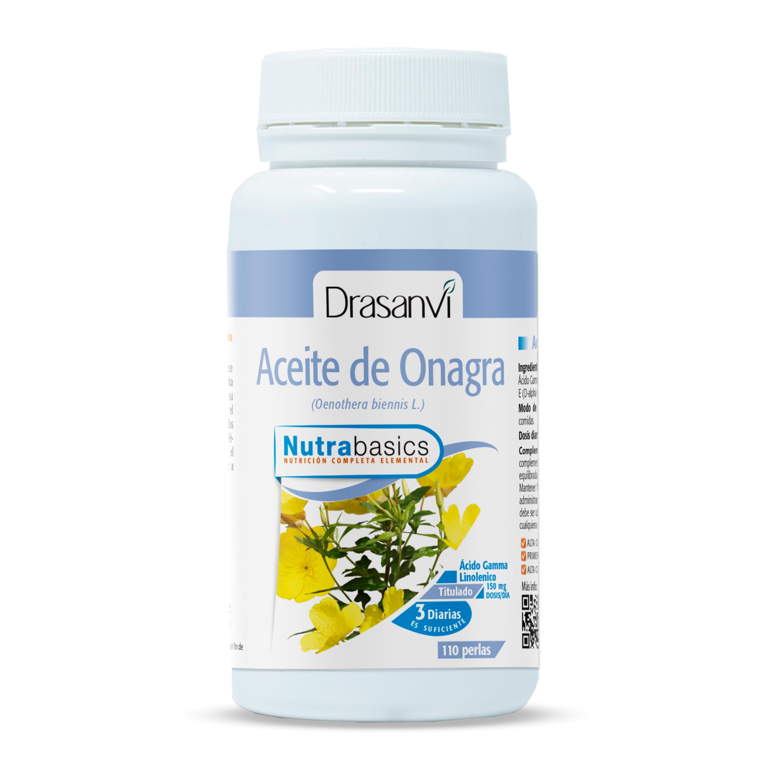 DRASANVI NUTRABASICS ACEITE DE ONAGRA - Vitamina E - Obtenido a través de prensado en frío - Contribuye a mantener niveles normales de COLESTEROL - SIN GLUTEN - 110 perlas