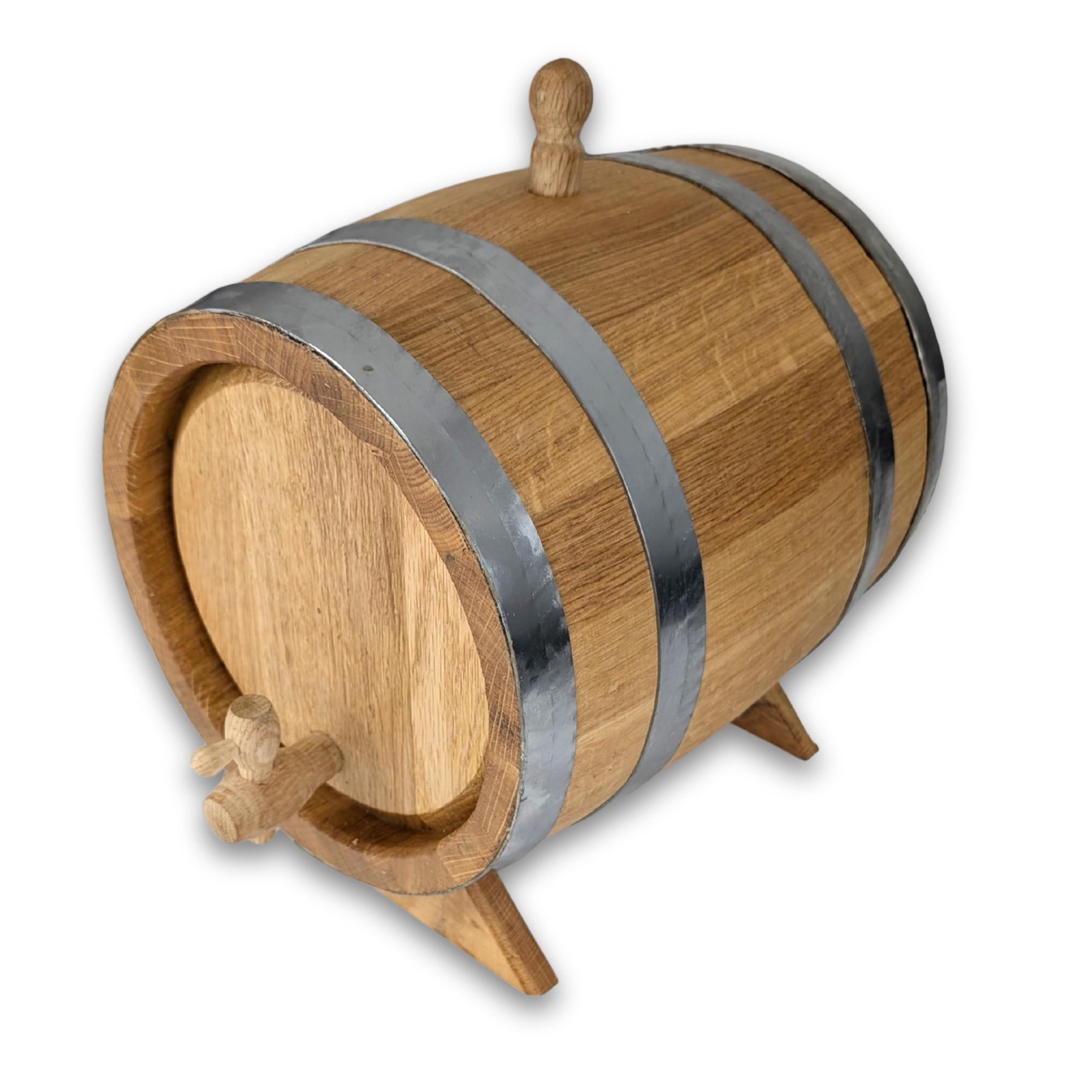 Eichenholzfass mit Holzhahn 10 Liter – Handgefertigtes Holzfass aus Stieleiche für Whisky, Wein, Rum & Schnaps – Innen ausgebrannt (Medium+), Edelstahlreifen, gewachst