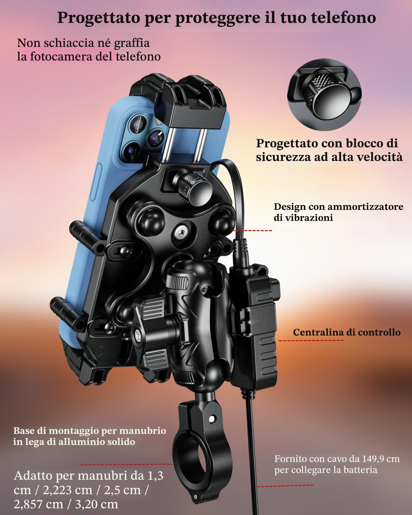 BRCOVAN Supporto per telefono da moto con caricabatterie wireless Qi e USB-C | Qi 15 W e PD 30 W, supporto antifurto per cellulare da manubrio con antivibrazioni, regolabile per smartphone da 5,4 a 7,2 ''