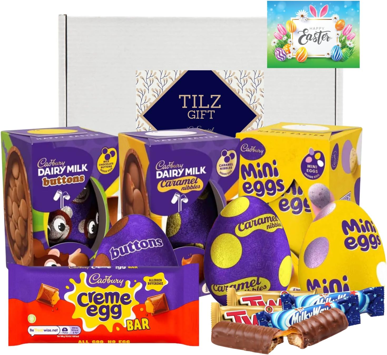 Easter Egg Hamper - Tilz Easter Bundle Including Medium Smarties, KitKat, and Small Mini Egg, Buttons, Mini Egg Bags - Easter Eggs (Small/Medium)