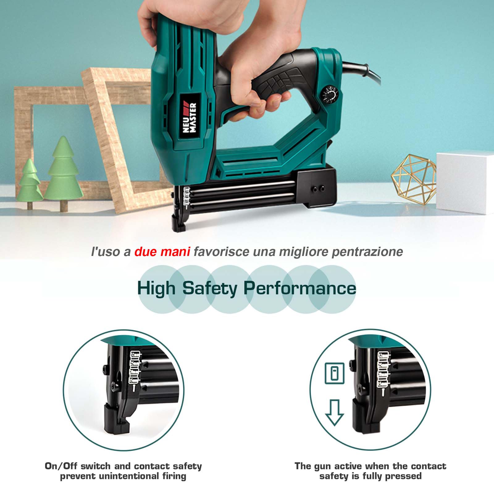 Sparachiodi Elettrica - NEU MASTER Graffettatrice con 200 Graffe e 800 punti Chiodi, Preselezione Elettronica della forza di impatto, Naso di sicurezza,cavo di Alimentazione extra lungo 2 m