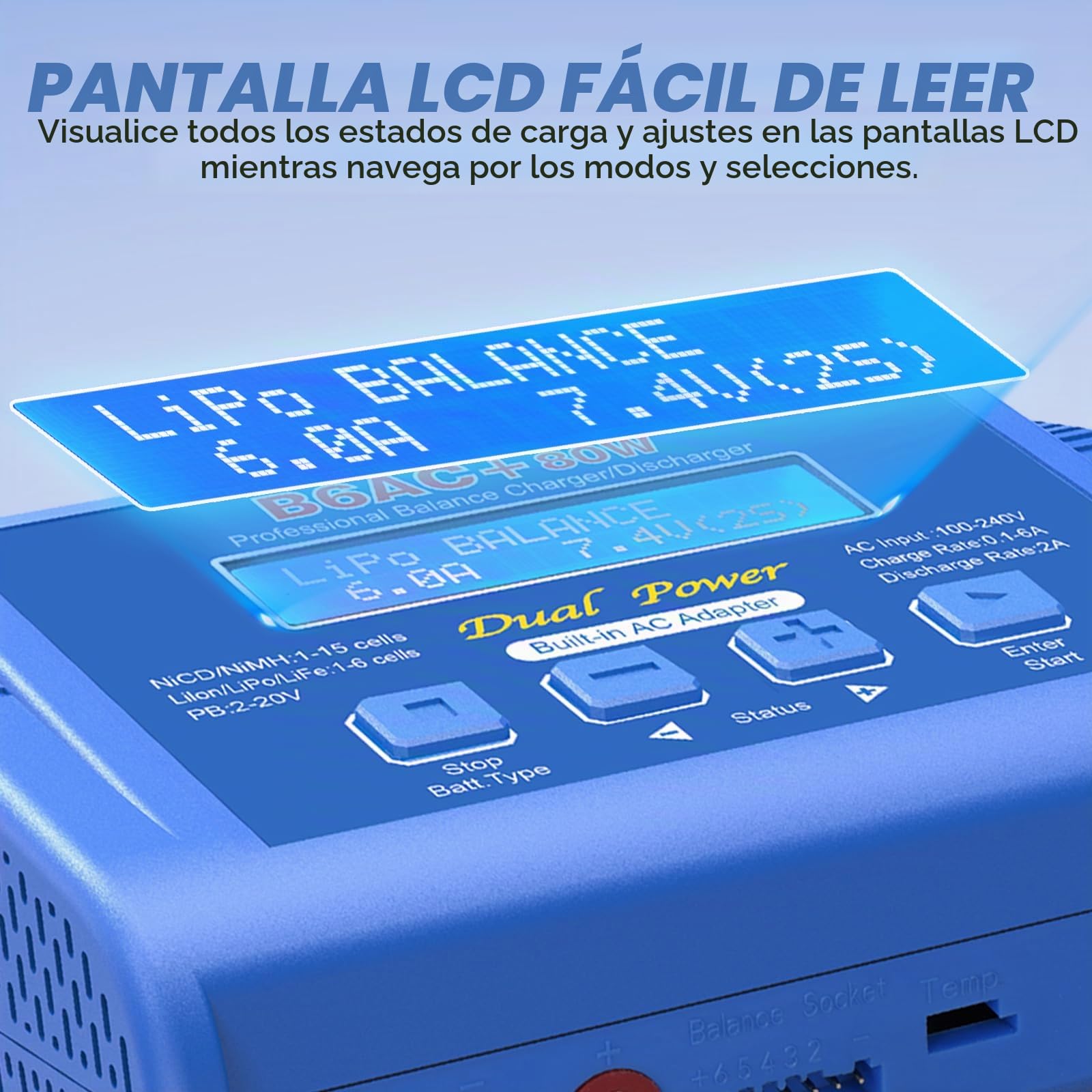 Lipo - Cargador RC 80W 6A para LiPo/Li-Ion/Life/LiHV (1-6S), NiMH/NiCd(1-15S), PB (2-20V), RC Balance Charger con XT60/T Plug/Tamiya/EC5/Cocodrilo Clip