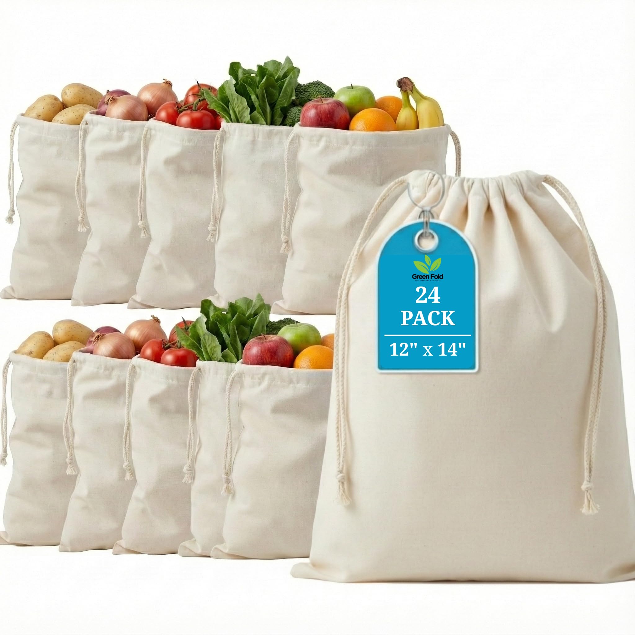 Greenfold 12x14 Inch 100% Cotton Reusable Vegetable Bags for Fridge | Eco-friendly Storage Bags | 24 Pcs | Washable Breathable Cloth Bags for Vegetables | Plastic-free Kitchen Organizer