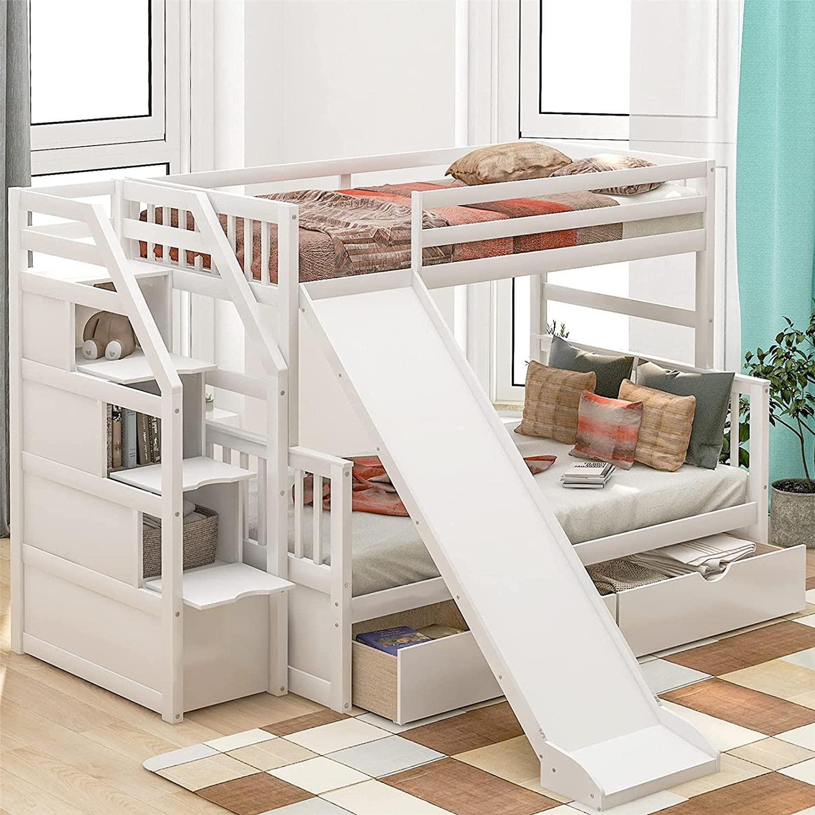 Newest Twin Over Full Size Bunk Bed, Wooden Bunk Bed with 2 Drawers, Slide and Staircase, Storage Bunk Bed for Kids, White