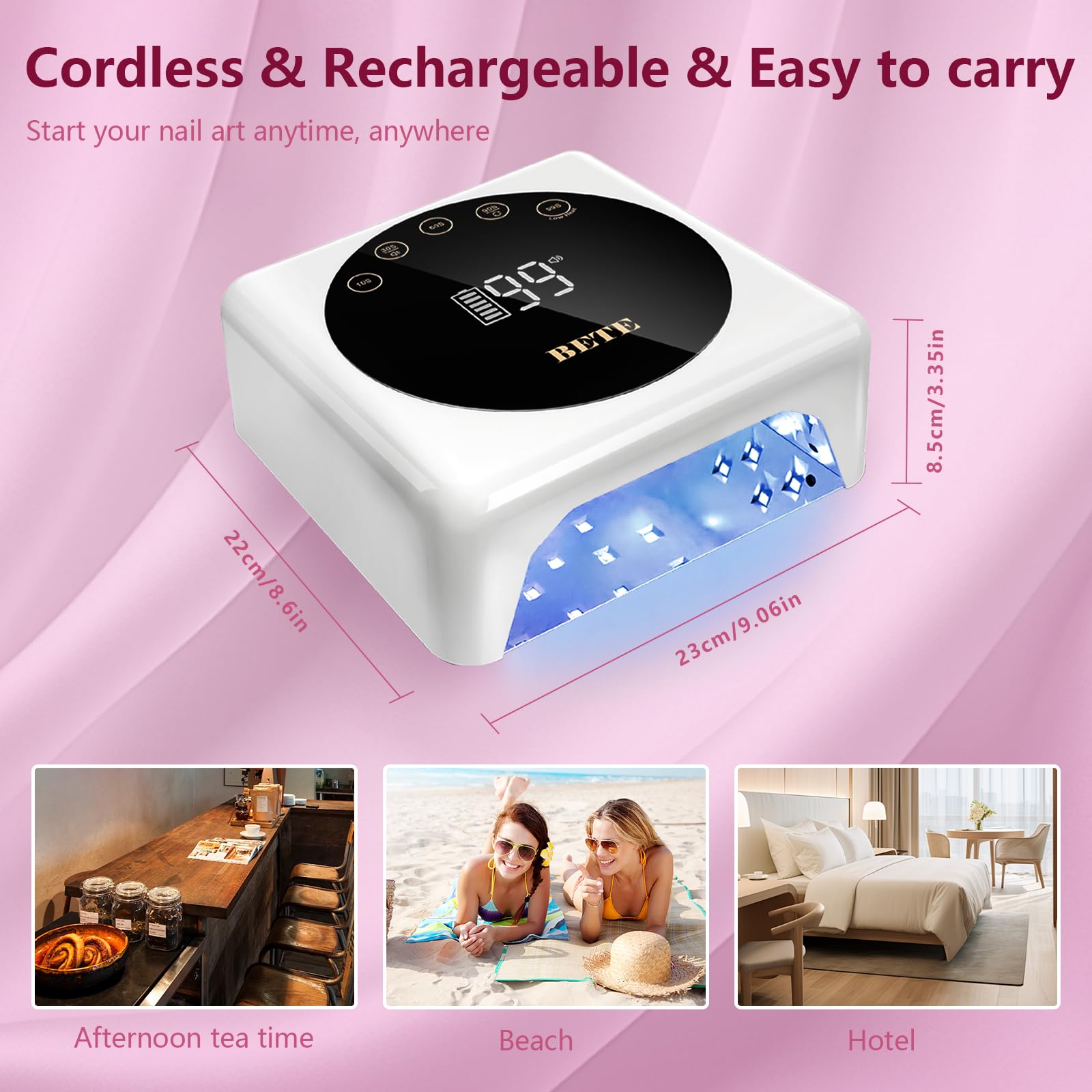 BETE Lampada per unghie a LED senza fili, UV ricaricabile da 78 W, con sensore a infrarossi e display LCD, asciuga unghie portatile con 5 impostazioni di timeout (Bianco)