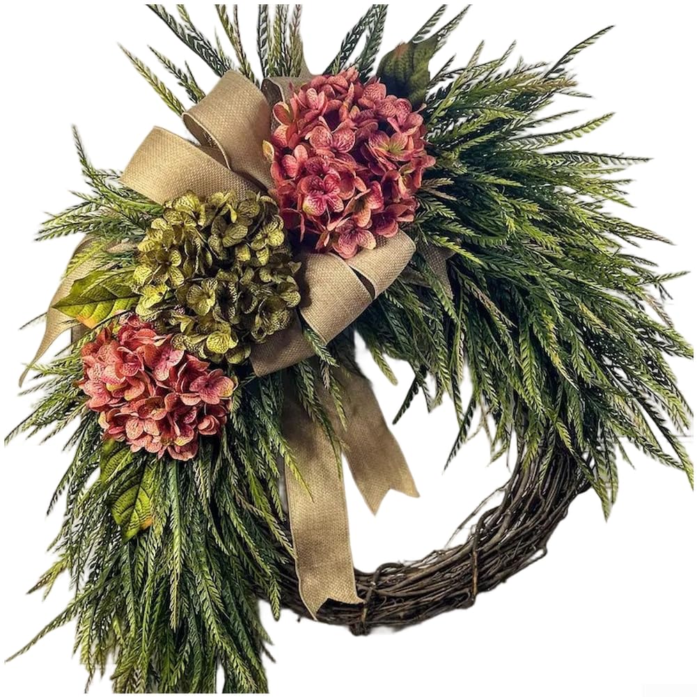 Künstliche Hortensien Girlande Rustikal für Hochzeit für deko – Handgefertigte Blumenkranz aus Kunststoff für Wand & Tür, 60cm Landhaus Stil Beige(A)