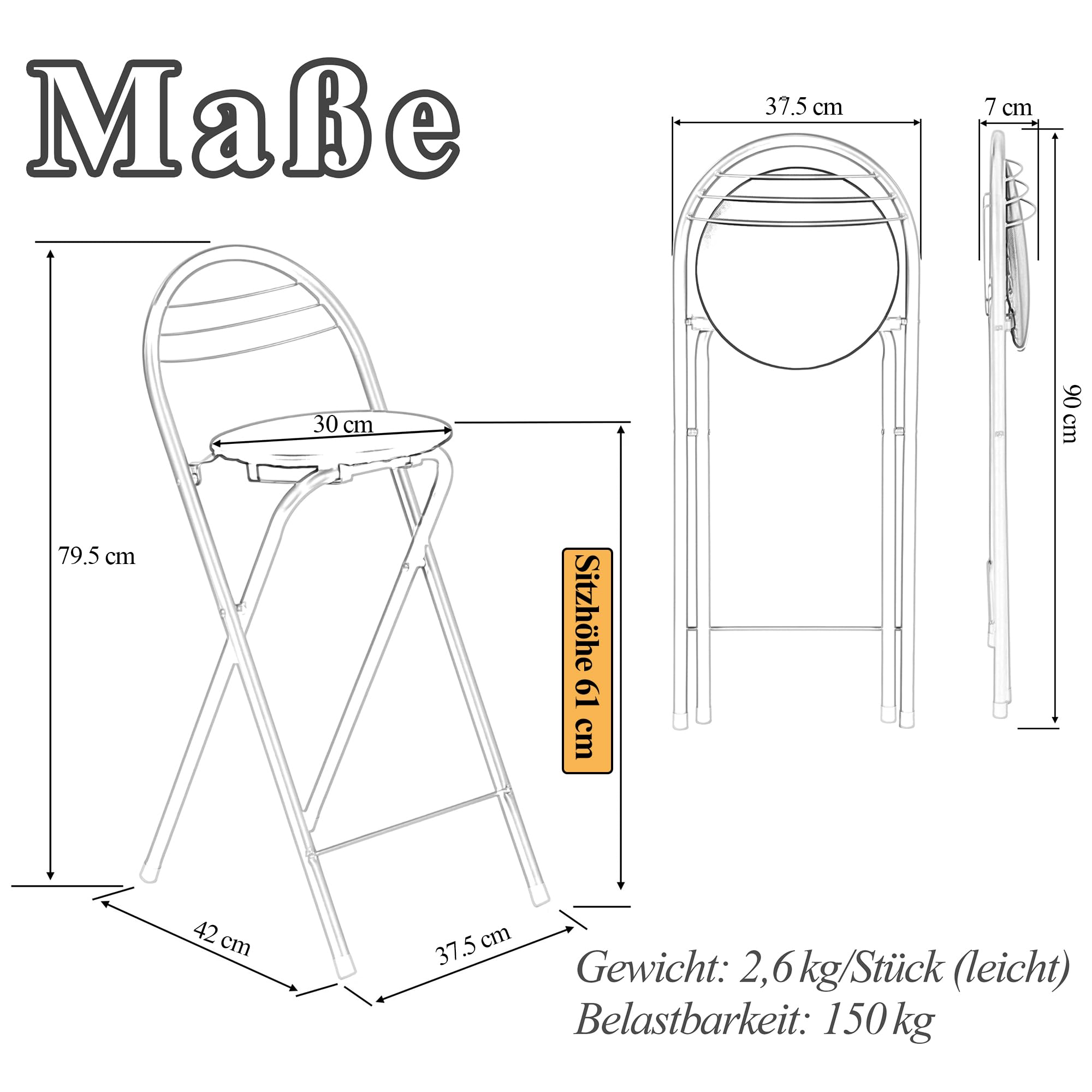Tabouret Haut de Bar Pliant Lot de 2, Chêne&Argent/Hauteur D'Assise 61CM | Tabouret et Chaise de Bar Haute Pliante Pliable avec Dossier pour Exterieur Interieur Camping Jardin Balcon Salon