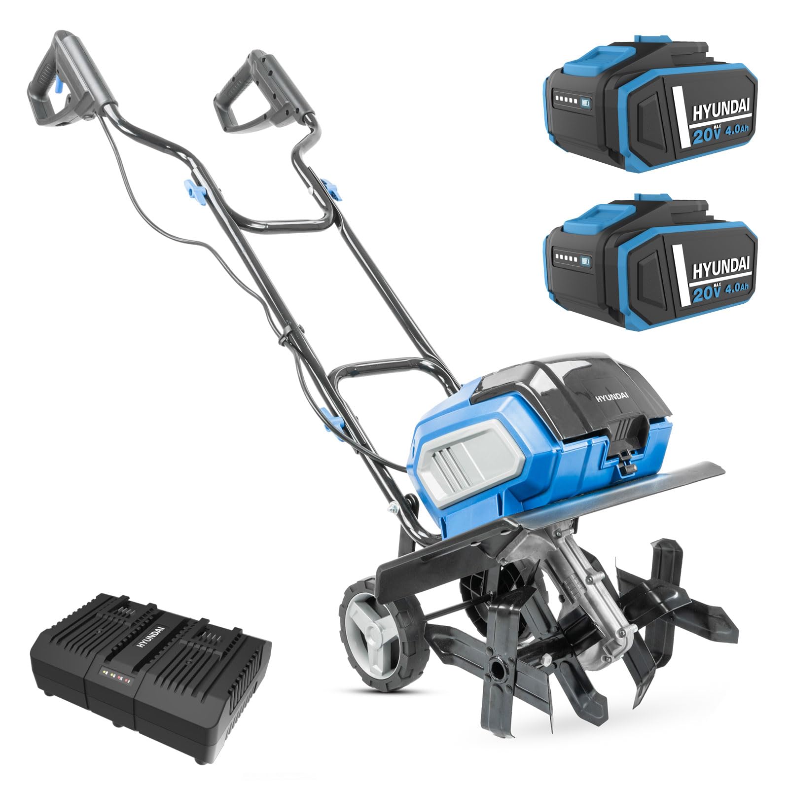 Hyundai Motoculteur sans Fil 36 cm 40 V (2 x 20 V), Moteur sans balais, 205 mm de Profondeur, 4 Lames en Acier, 2 Batteries 4,0 Ah et Double Chargeur