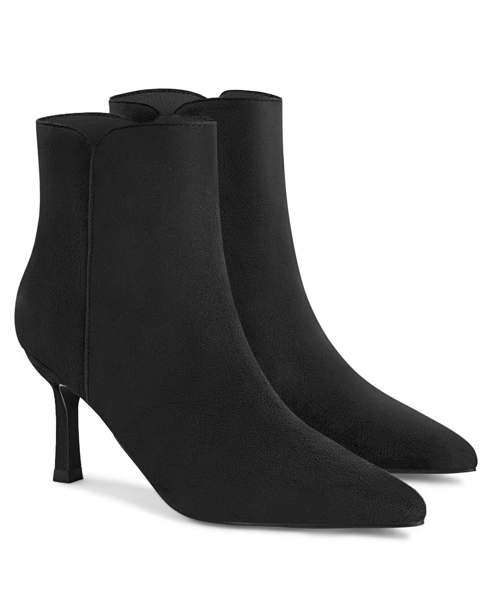 Coutgo Women's Kitten Heel Booties Pointed Toe Low Stiletto Side Zipper Fall Short Ankle Boots Shoes, Black, Size 7.5