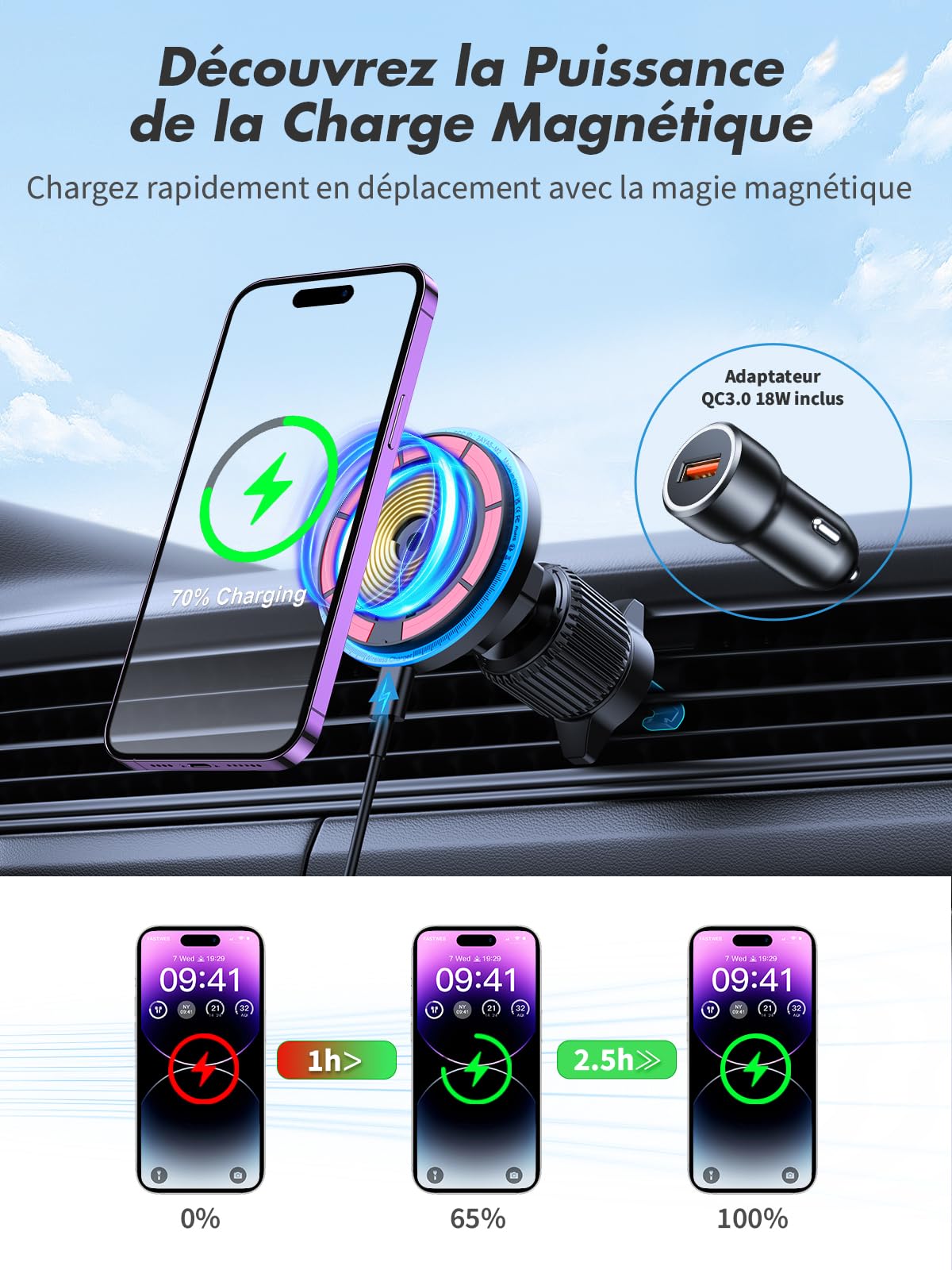 Support Telephone Voiture Induction, Auto-Align Support Voiture Pour MagSafe, Pince Vent Ultra Stable & Charge Rapide, Compatible avec Les Séries iPhone 17/16/15 Chargeur Voiture, QC 3.0 Inclus