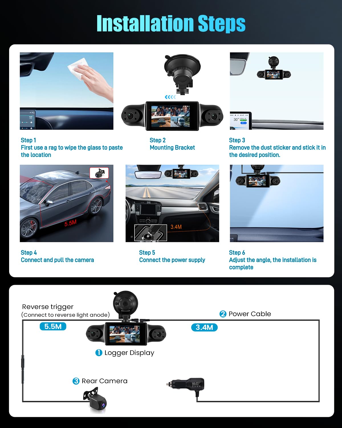Hikity 2K 360°Dash CAM Coche con Tarjeta SD 64G,4 Cámaras Pantalla IPS de 3 Pulgadas Cámara para Coche,Dashcam Coche 2K+1080P*3,Sensor G, Visión Nocturna,Ayuda Inversa,Grabación en Bucle