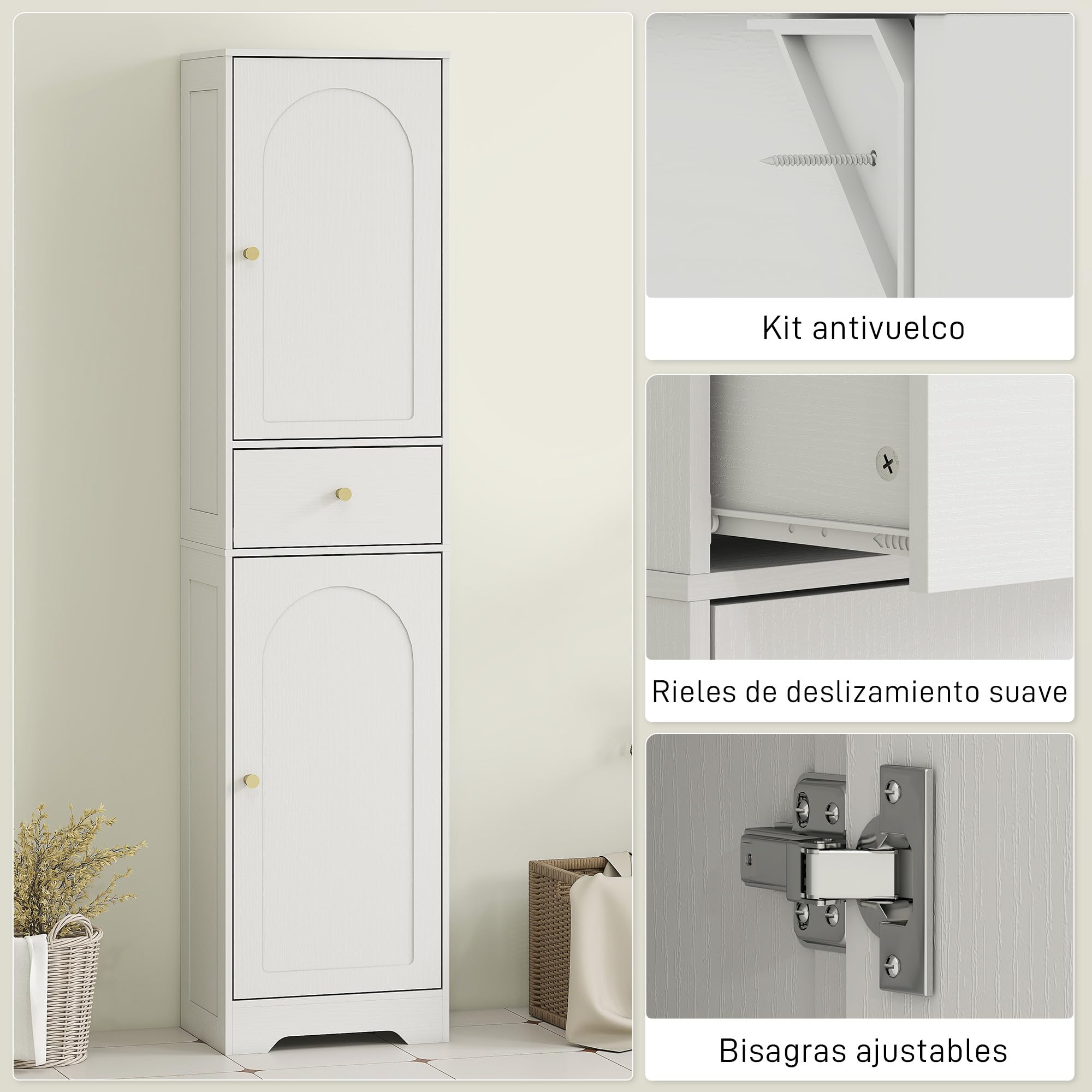 HOMCOM Armario Alto de Baño Estrecho Cajón 40x29,5x170 cm Blanco Veteado | 2 Puertas Arqueadas, Estantes Ajustables, Columna de Baño, Estilo Moderno, para Salón Aseo Cocina