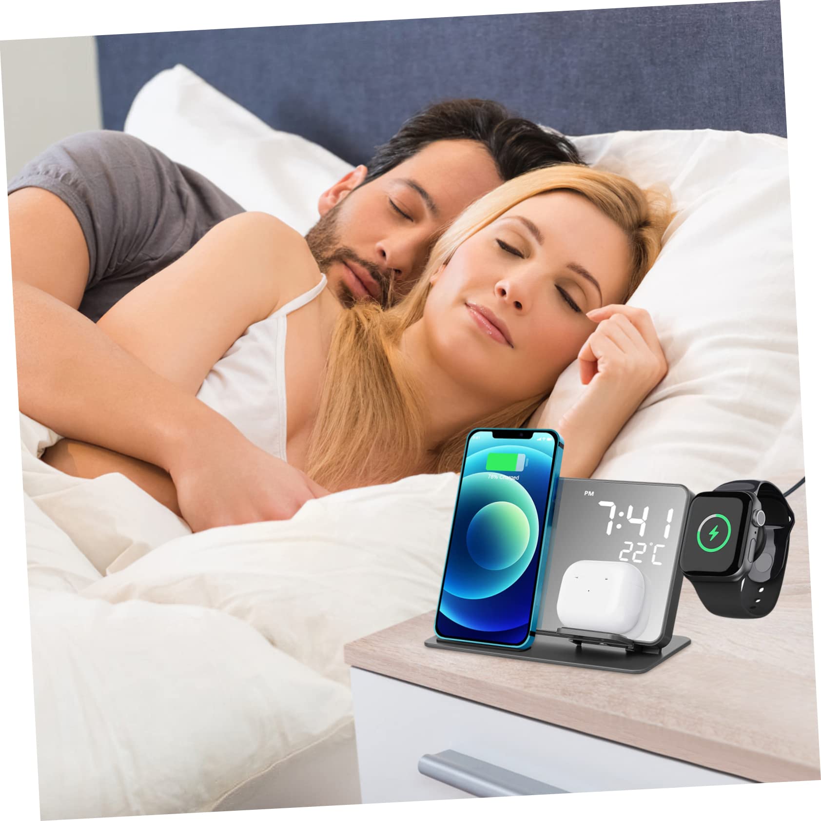Station de Charge sans Fil Multifonctionnelle avec Réveil Numérique et Affichage de Température Compatible avec Samsung et Montres Charge Rapide pour Maison et Bureau
