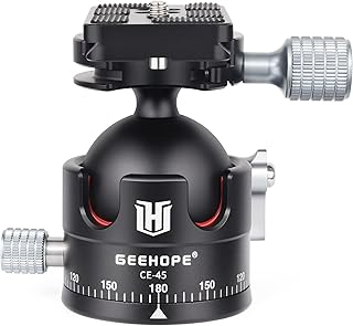Geehope CE-45 Low Profile Tripod Ball Head Universal 360 Panoramic Metal BallHead for DSLR Camera Tripod Monopod Camcorder Slider with Arca Swiss QR Plate 45mm Big Ball 1/4" Screw Load 55lb/25kg