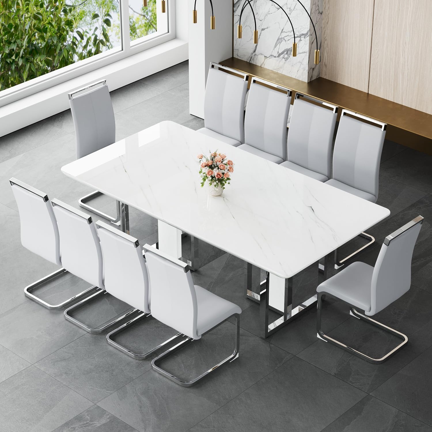 JUFU Dining Table Set for 10, 79” 10 Seat Dining Table Set