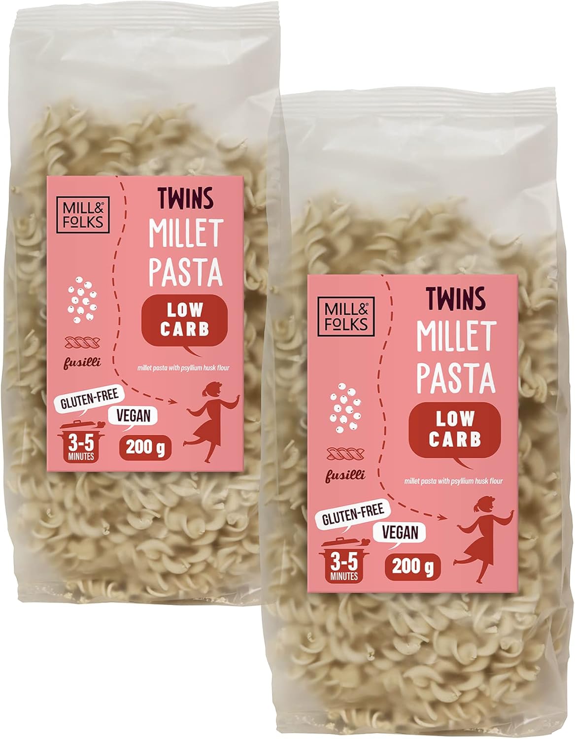 Mill & Folks Twins Pasta Low Carb Millet Pasta Fusilli 2x200g Vegan