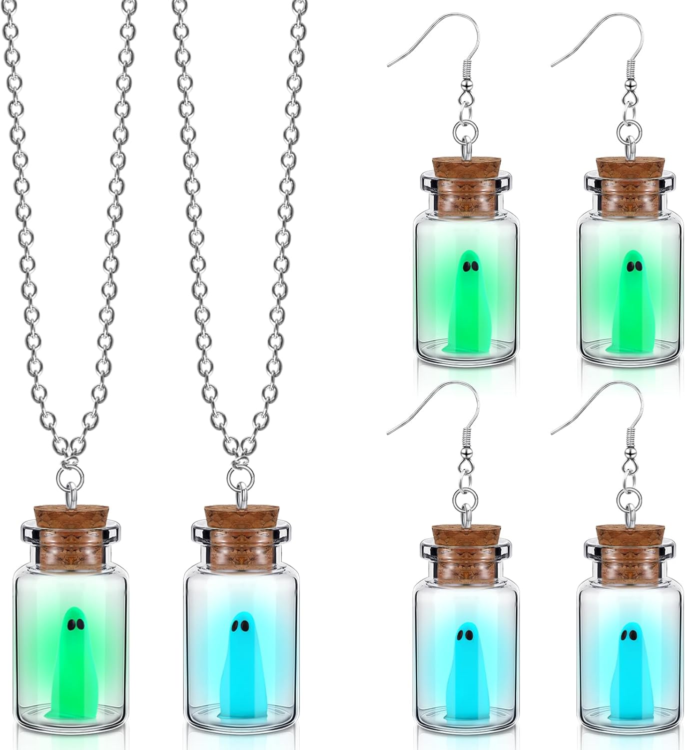 Quelay Adopt A Ghost Necklace Earrings 4 Pcs Glow in The Dark Ghost Earrings Necklace Set Christmas Jewelry Gifts for Women and Men