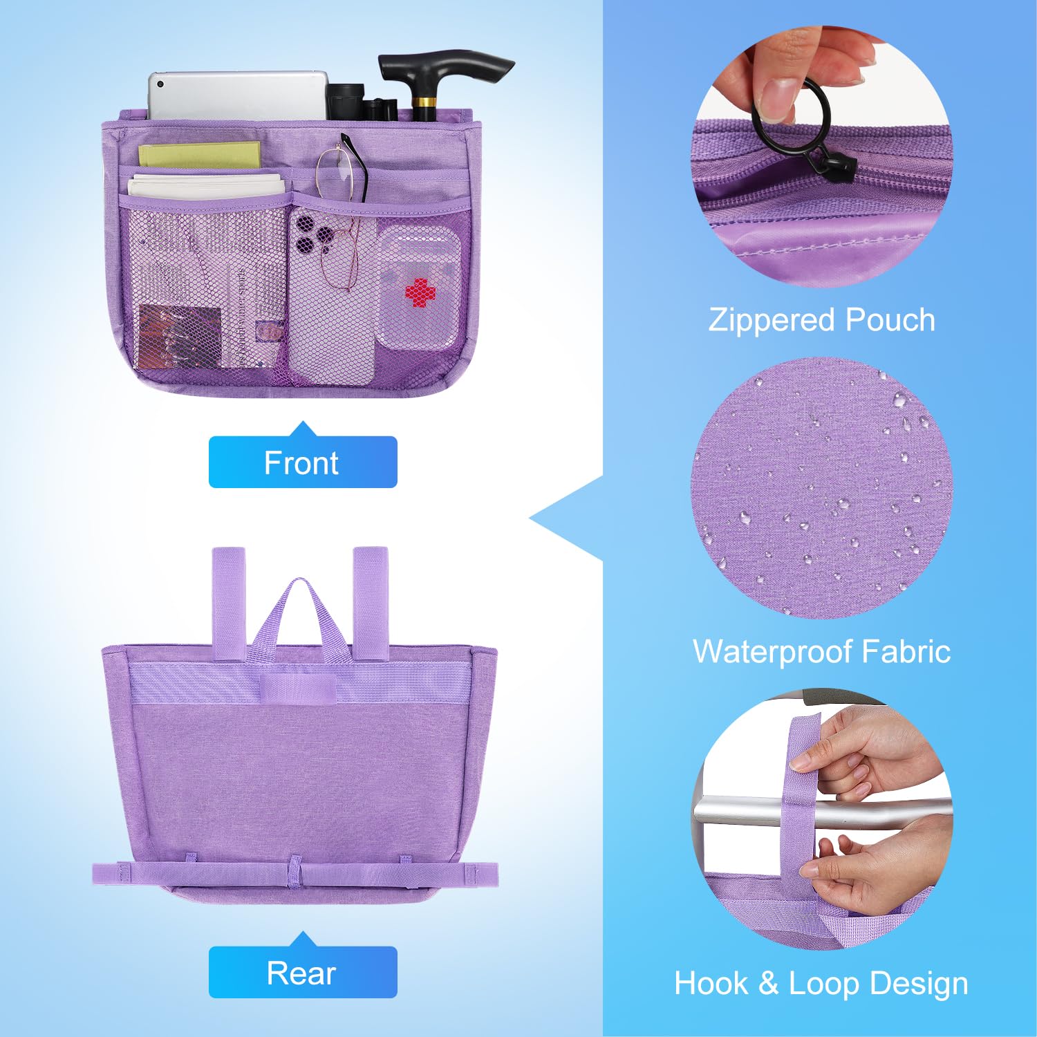 supregear Sac Latéral Fauteuil Roulant, Multifonction Rollator Déambulateurs Fauteuils Roulants Scooters Genoux Accoudoir Personnes Âgées Seniors, Sac Voyage Portable, Violet