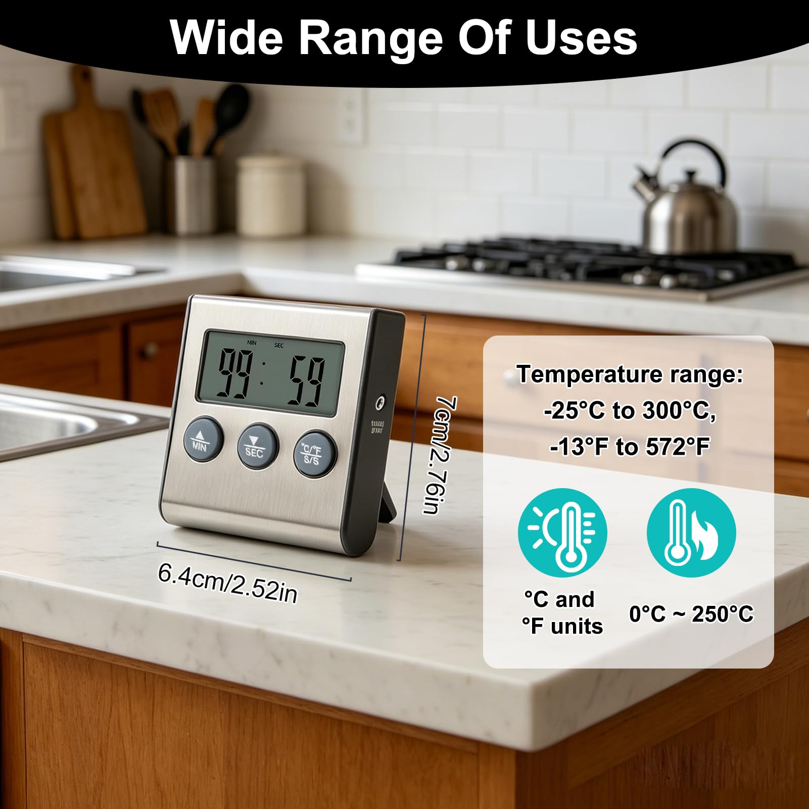 Thermomètre de Cuisson Numérique avec Grand Écran LCD, Sonde en Acier Inoxydable, Minuterie pour Four, Gril et Barbecue