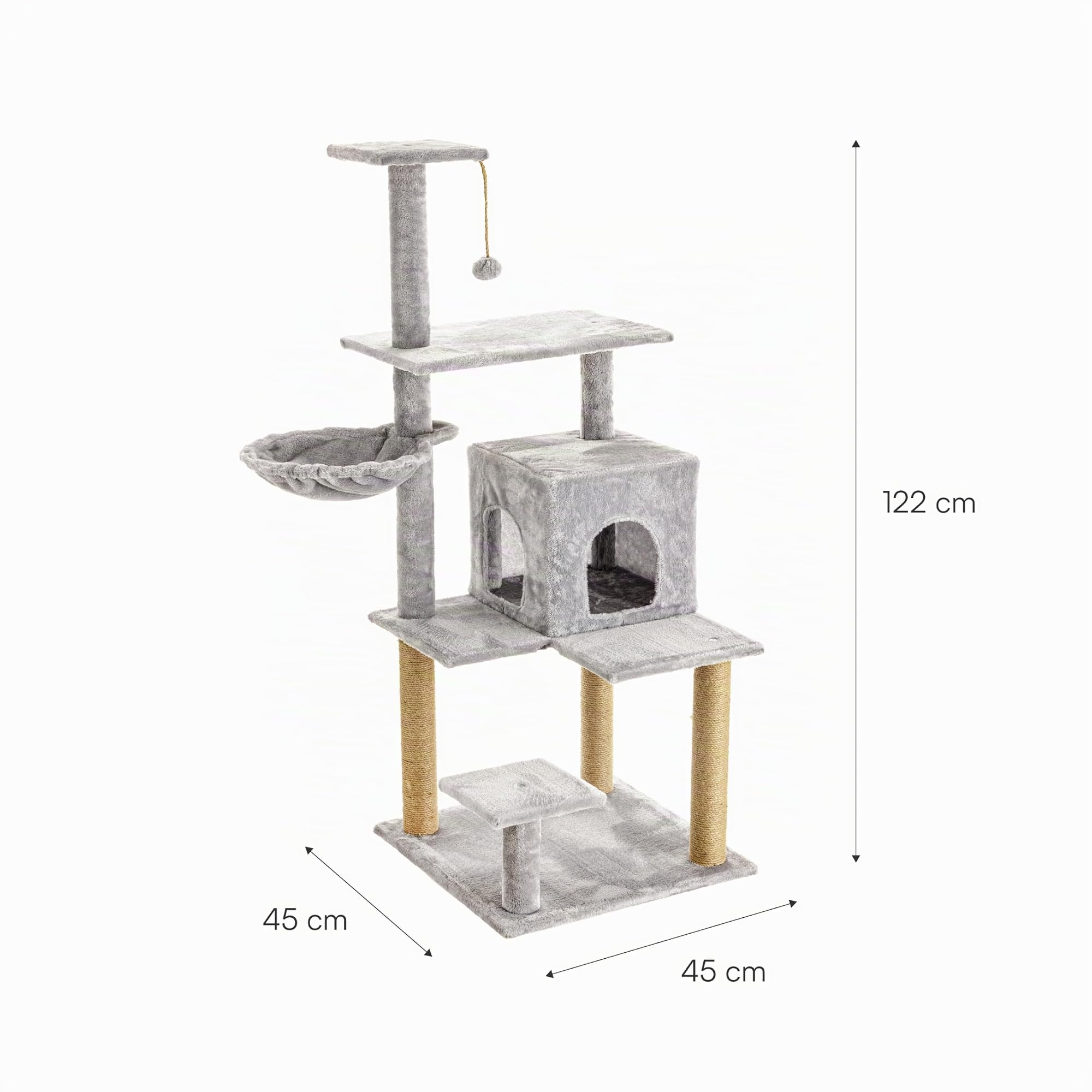 Baroni Home Tiragraffi ad Albero per Gatti, Tiragraffi per Gatti e Gattini, 4 Piani con Palla, Amaca e Cuccia Rettangolare, 45x45x122 cm, Grigio