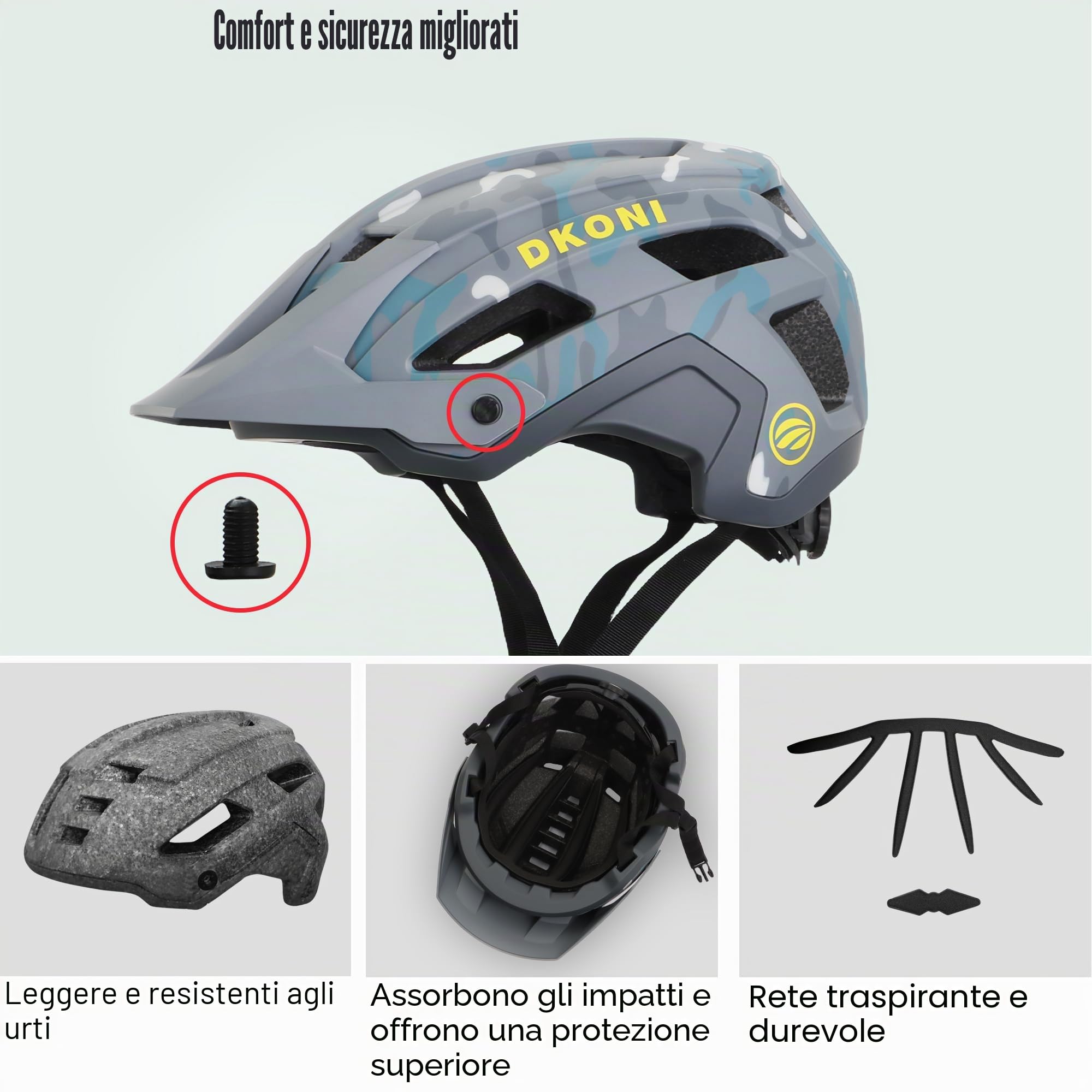 DKONI Casco da mountain bike leggero e traspirante, con visiera, calotta in policarbonato e cinturino regolabile, unisex per adulti