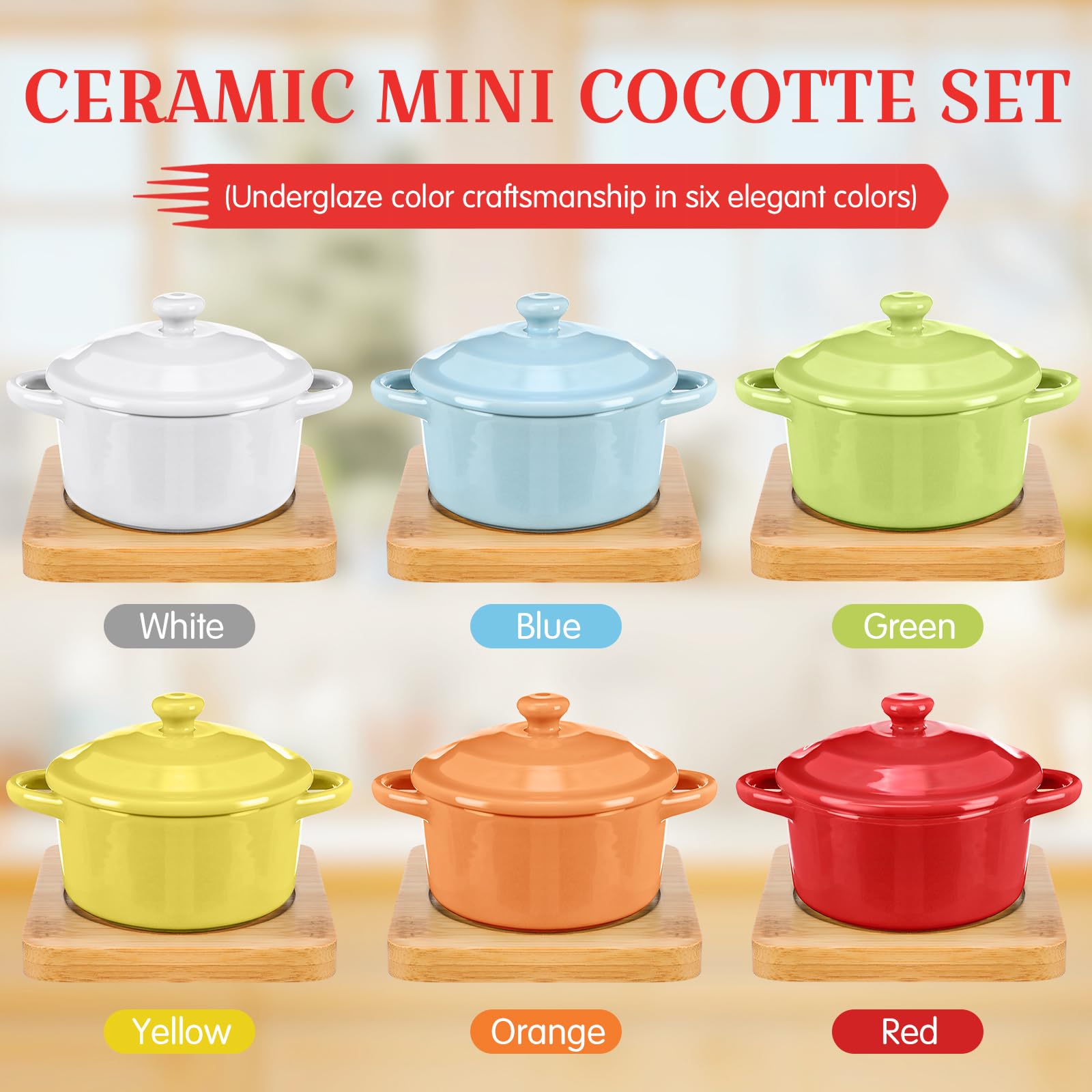 Mimorou Juego de 6 mini cocotte de cerámica de 7 onzas con tapa y base de madera, mini olla de horno holandés, cazuela redonda con asa para hornear, utensilios de cocina, hogar, restaurante, cocina
