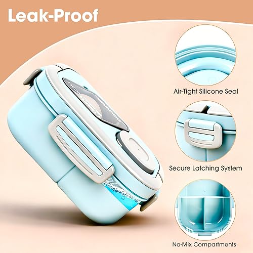 Miniatura 2 de Juego de recipientes de almuerzo Bento para adultos y niños con bolsa aislada, 3 compartimentos a prueba de fugas y contenedor apilable de 2 niveles