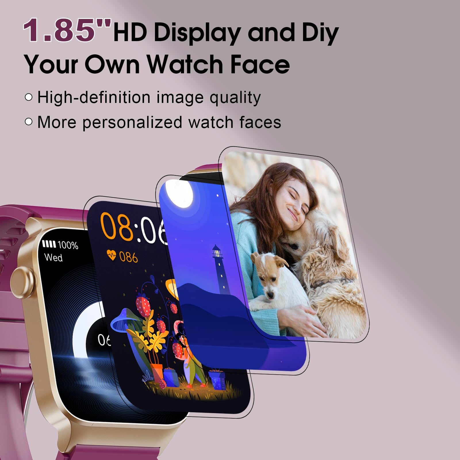 STECEi Reloj Inteligente Mujer con Llamada, 1,85" Smartwatch con 110+ Modos Deportivos, Monitor de Ritmo Cardíaco y Sueño, Impermeable IP68 Inteligente con DIY Esfera Reloj, Podómetro, Rojo Vino