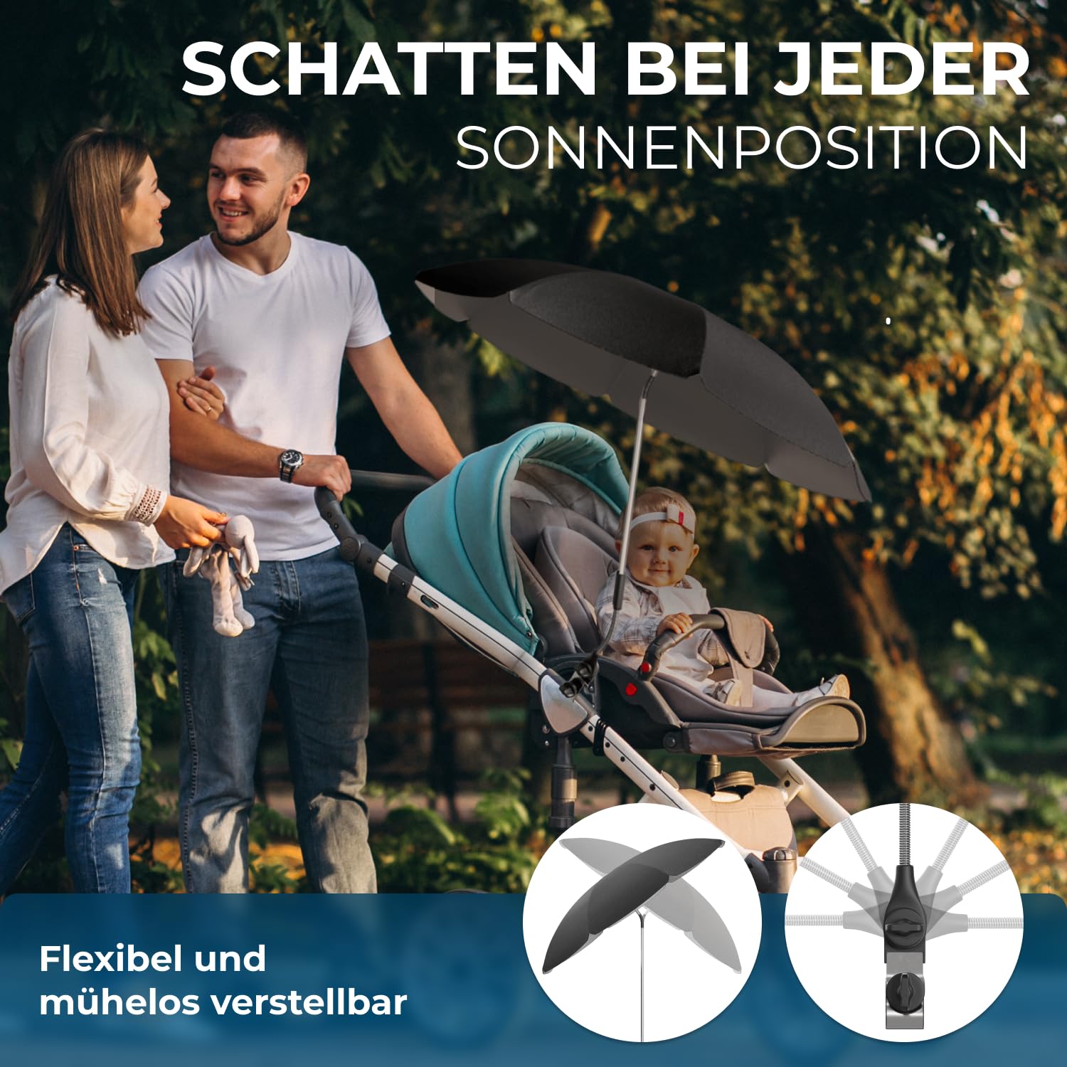 STYNGARD Sonnenschirm Kinderwagen UV Schutz 50+ / 70 cm Durchmesser mit Überhang - Sonnenschutz Kinderwagen - Sonnenschutz Buggy mit flexibler Universalhalterung Modell ROME