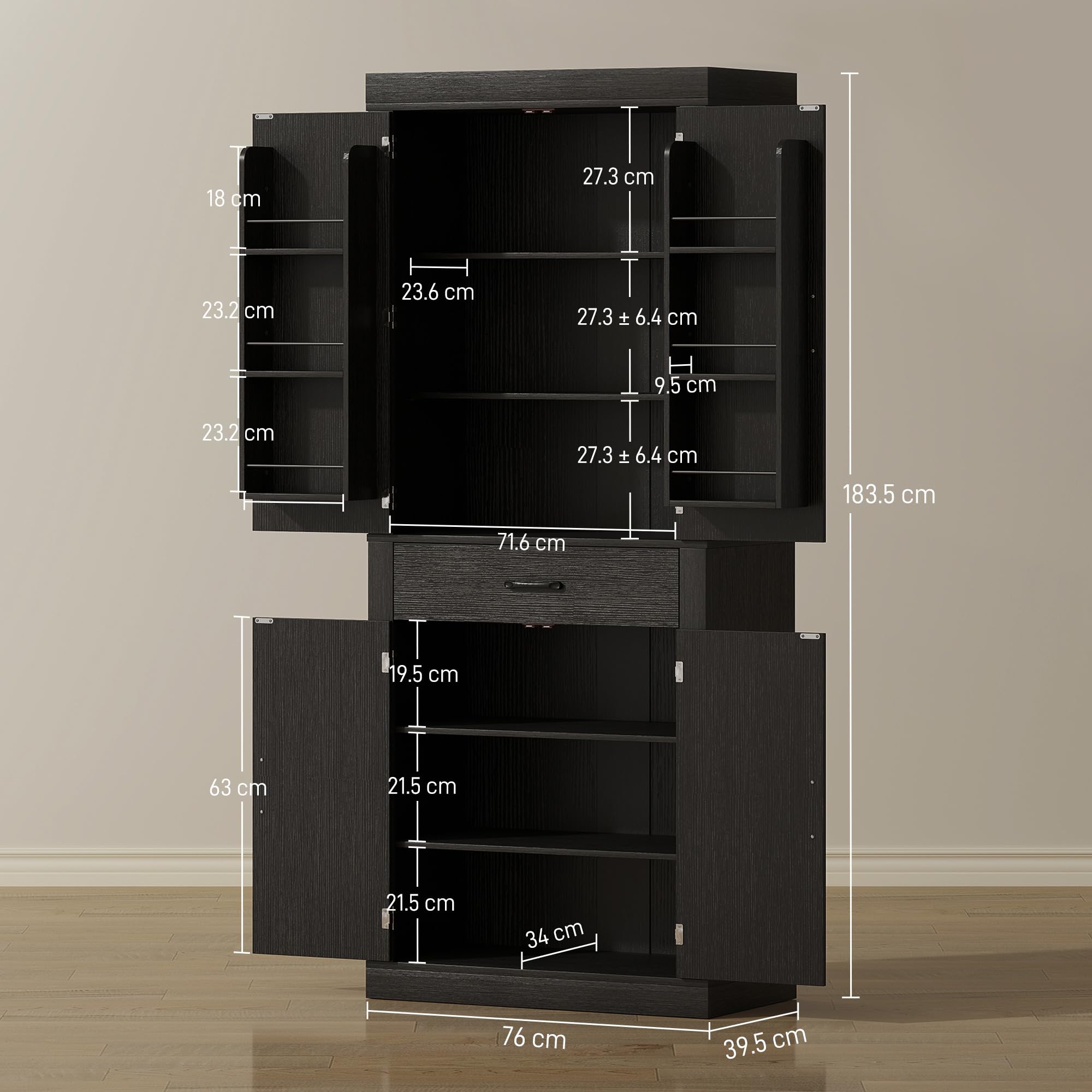 HOMCOM Credenza Cucina Alta 183.5 cm con 6 Portaspezie sulla Porta Nero