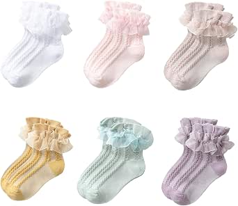 Povozer Toddler Girls Ruffle Lace Trim Cotton Socks Eyelet Frilly Dress Socks Coffee 6 8y