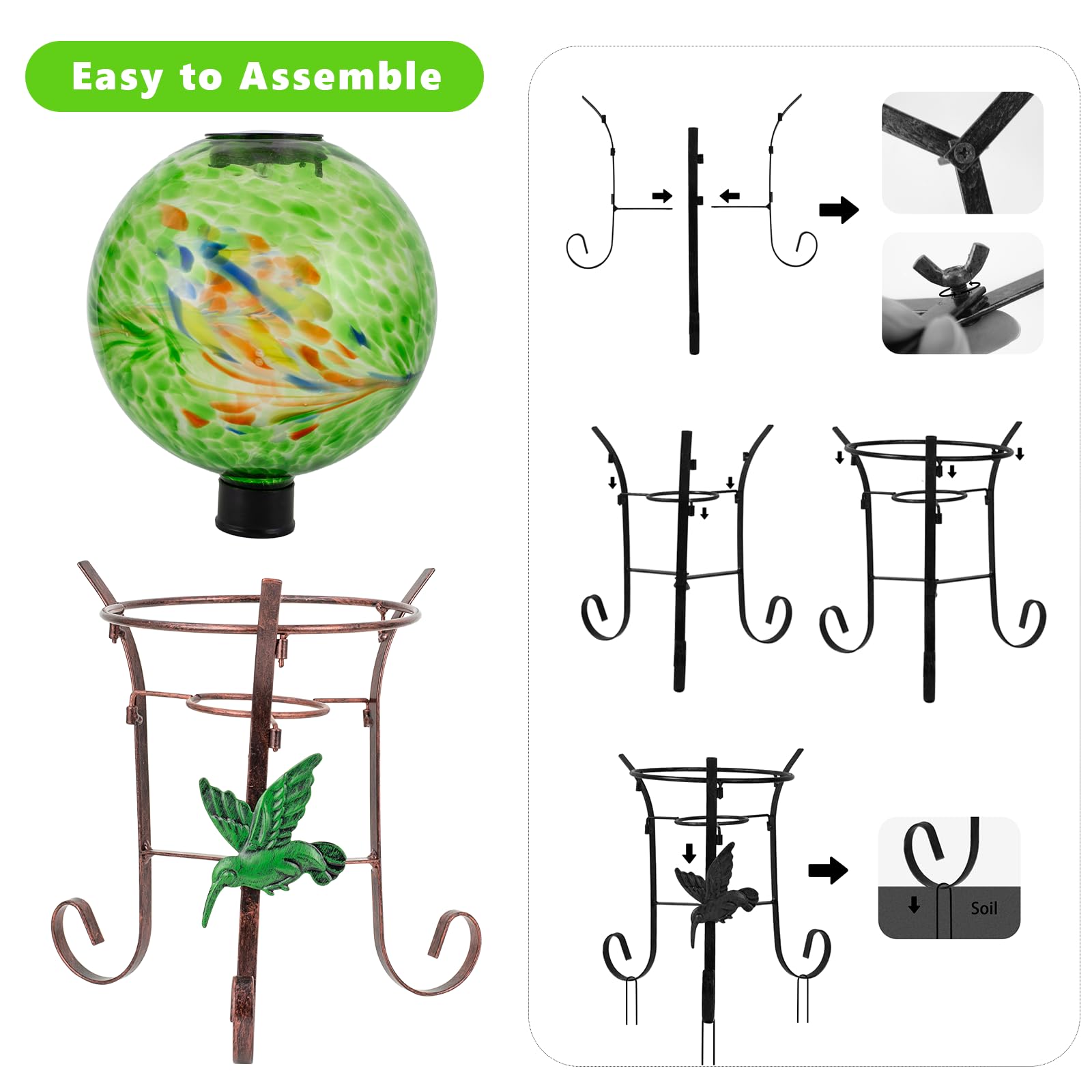 Sfera di vetro solare da 25,4 cm, con supporto in metallo alto 23,9 cm, espositore per luci a sfera solare, per esterni, giardino, prato, cortile, decorazione artistica verde
