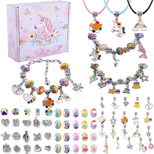 Kit de fabricación de pulseras con dijes, cuentas para niñas, kit de fabricación de joyas, unicornios, manualidades, kit de pulsera en caja, juego