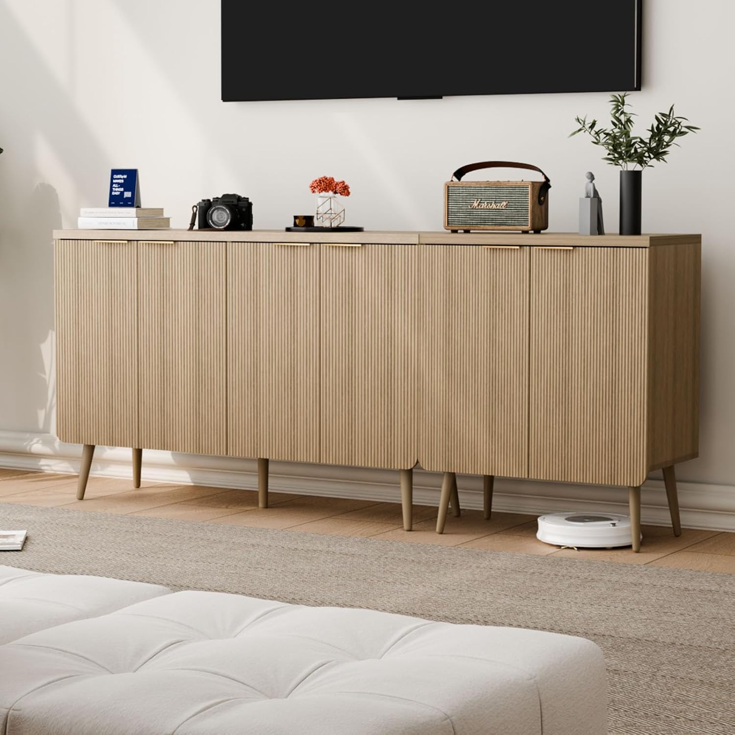 Modern Wavy Door Sideboard Buffet Cabinet with Solid Wood Feet & Adjustable Shelves, 4 Doors Storage Console Table for Entryway, Living Room, Kitchen & Hallway