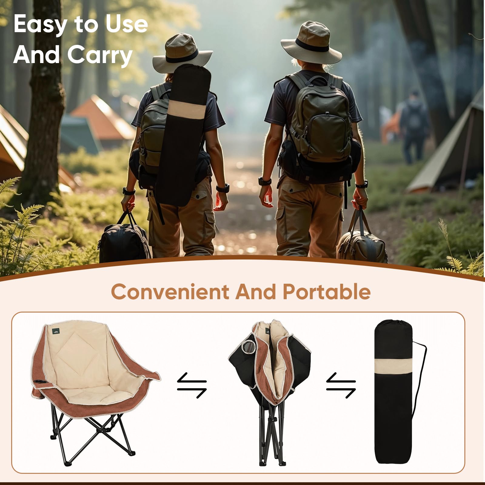 Northroad Sedia da campeggio pieghevole, sedia da campeggio portatile oversize con portabicchieri, sedia imbottita resistente per esterni, portelloni, spiaggia e sport, Moca