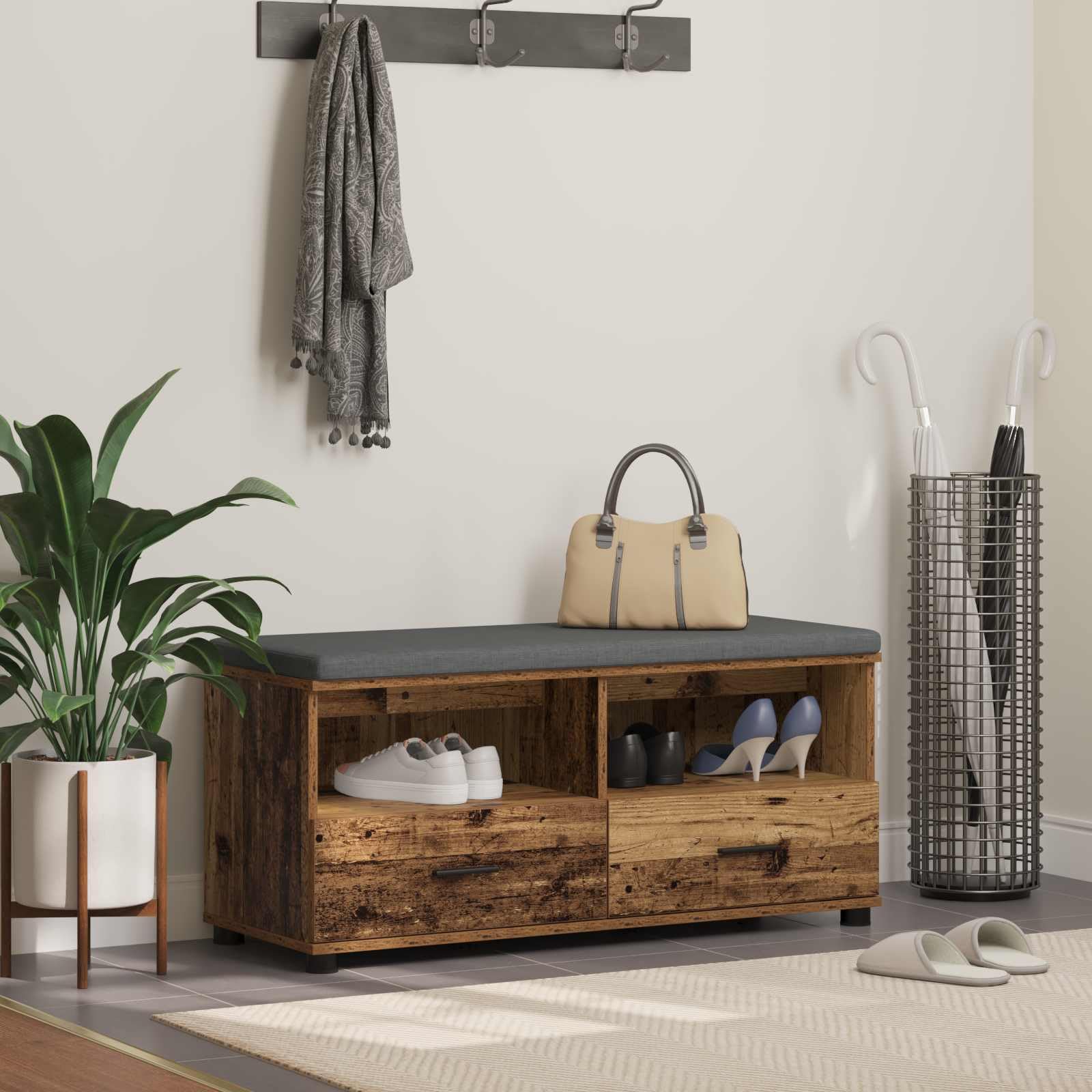 Banco de pasillo de madera 100x38x46 cm con cojín y almacenaje 1