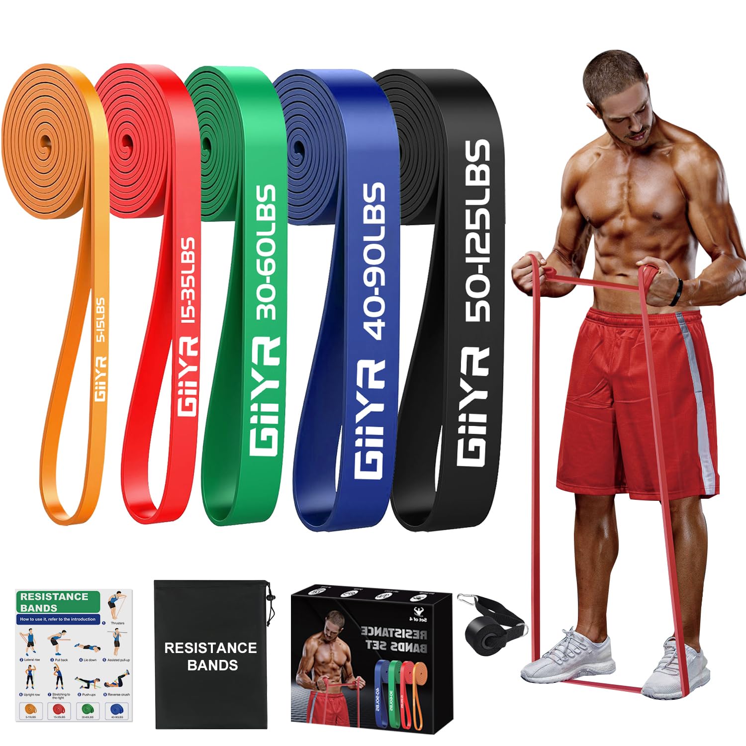 Giiyr fitnessbänder Widerstandsbänder mit 5 Stufen,Resistance Bands für Männer und Frauen,Fitnessband Set Trainingsbänder für Yoga, Pilates, Training,Klimmzughilfe, Krafttraining