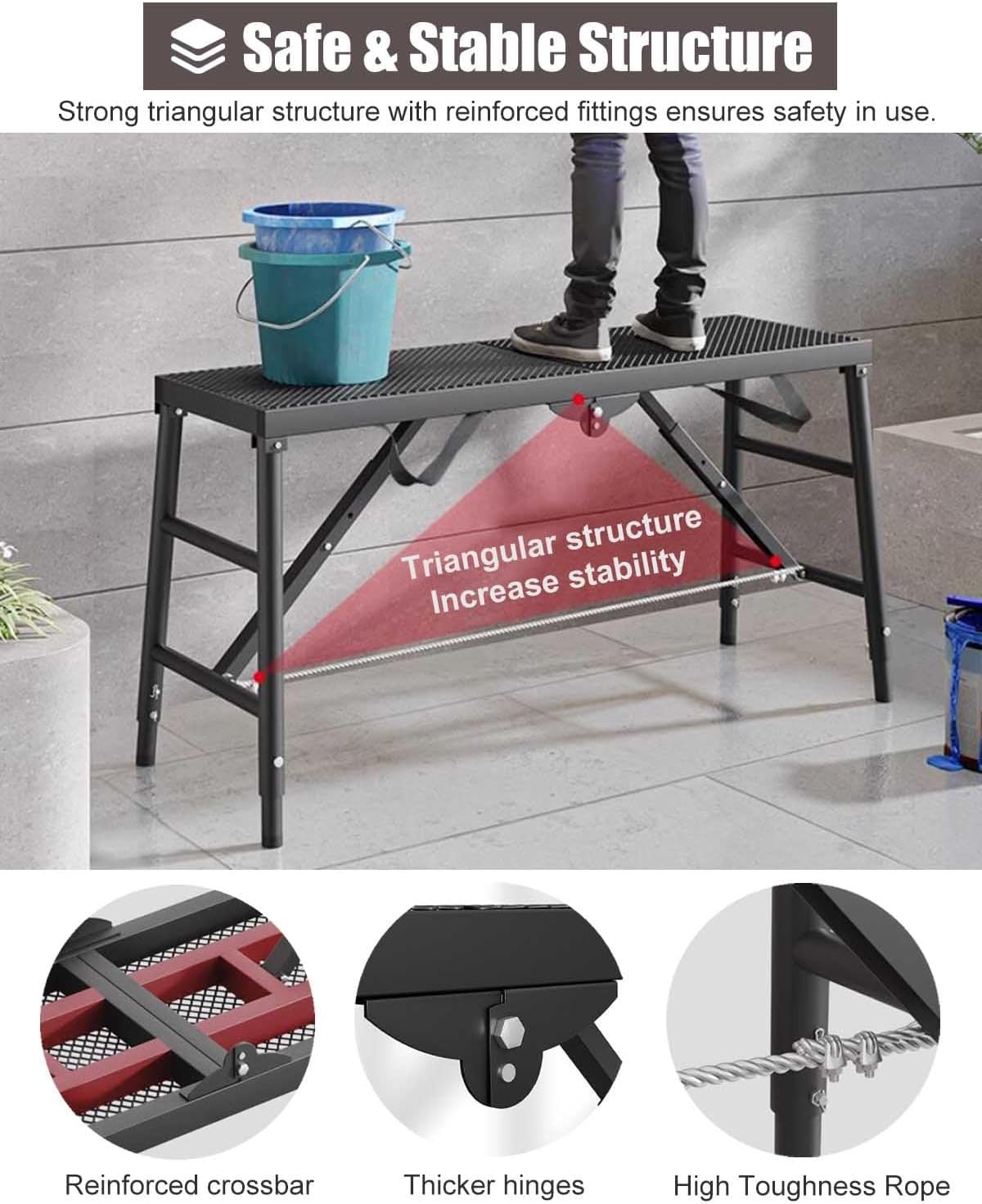 Work Platform Metal Scaffolding Platform Foldable, Non-Slip Work Platform Ladder, Indoor Outdoor Work Bench for Stair Step, Painters Scaffold Stool for Painting(Yellow,