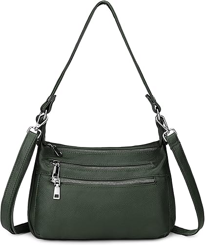 YALUXE Bolso de hombro de piel auténtica, tamaño mediano, con múltiples bolsillos con cremallera, bolsa cruzada para mujer, color verde oscuro,